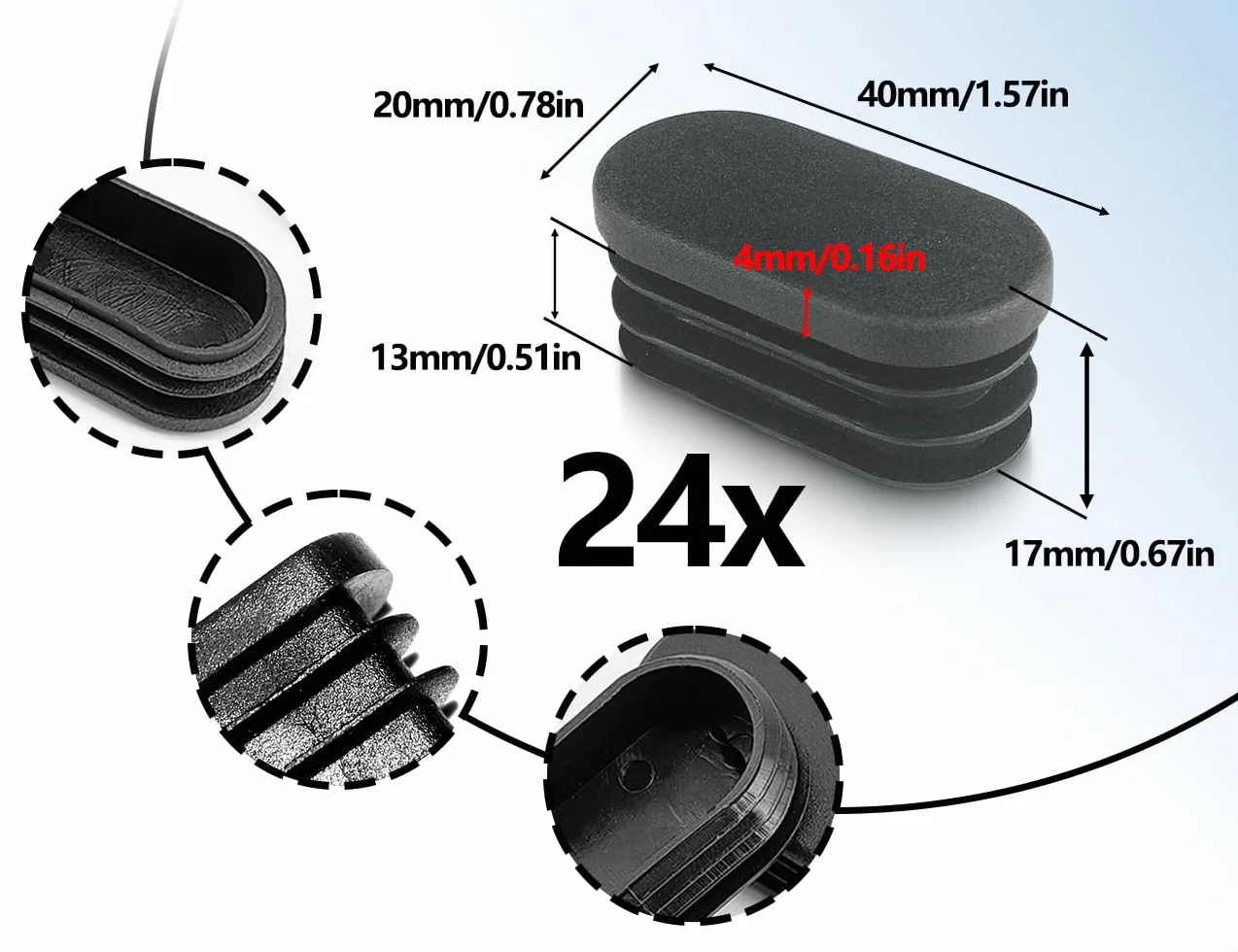 24 nakładka na nogi krzesła, ochronne nakładki na meble stołowe, owalne 20 x 40 mm, czarne