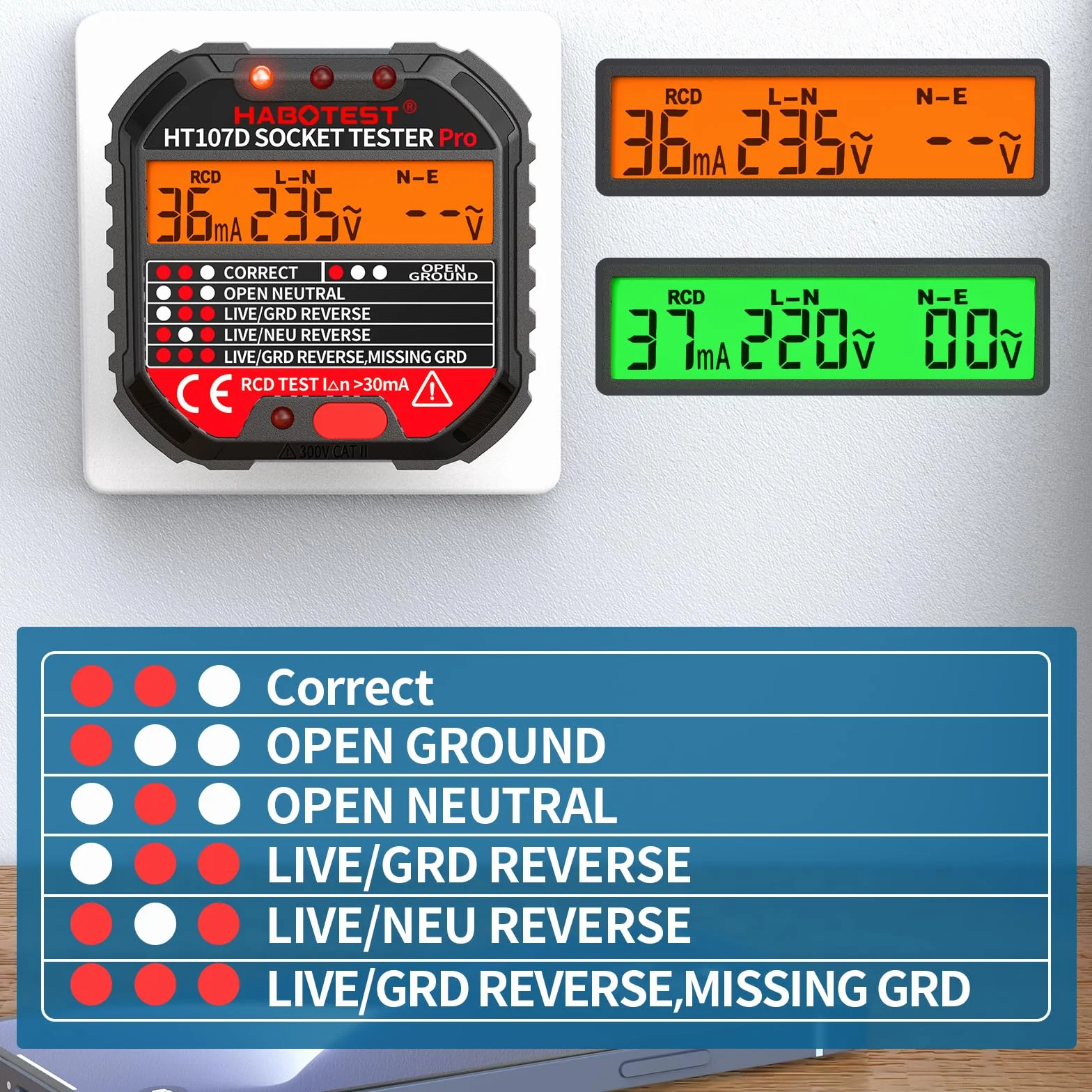 YOJOCK Tester gniazd, Tester Wtyczek RCD, tester napięcia elektrycznego z wyświetlaczem LCD, CAT.II 300V