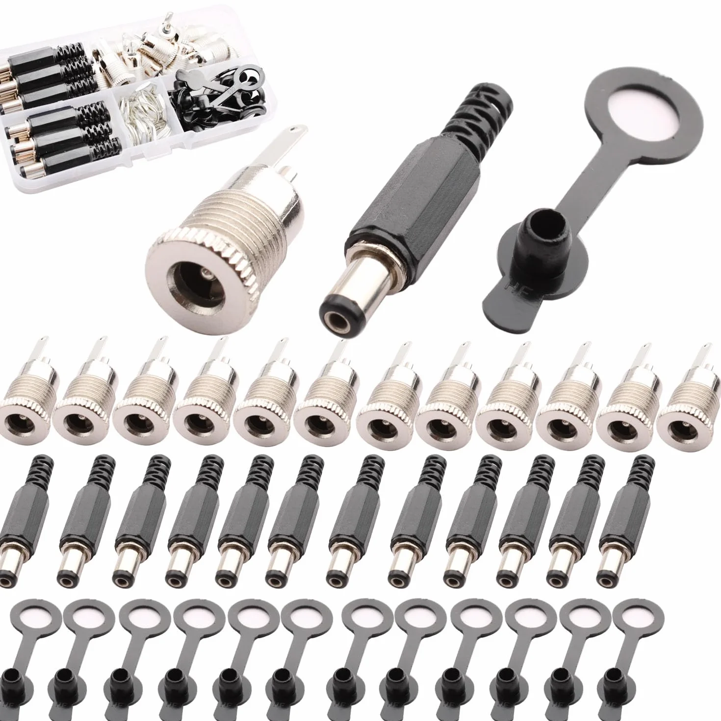 RUNCCI-YUN 12 szt. 5,5 x 2,5 mm gniazdo zasilania DC 5 V – 30 V 5 A żeńskie złącze do montażu panelowego, + 12 szt. wtyczka zasilająca 12 V + 12 szt. wodoodporna nasadka