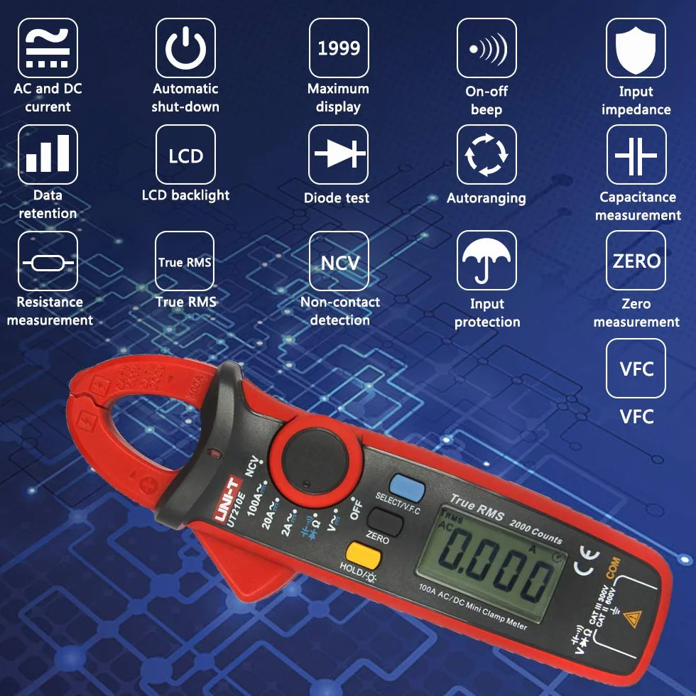 UNI-T UT210E Cyfrowy miernik zacisków DC Clamp Multimetr z podświetleniem LCD