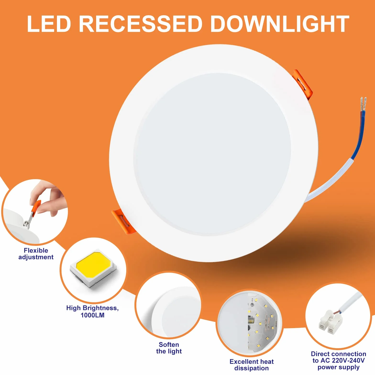 Tomosu LED reflektor do zabudowy 230V 10W 1000LM IP44 4000K Ø115-125mm płaski
