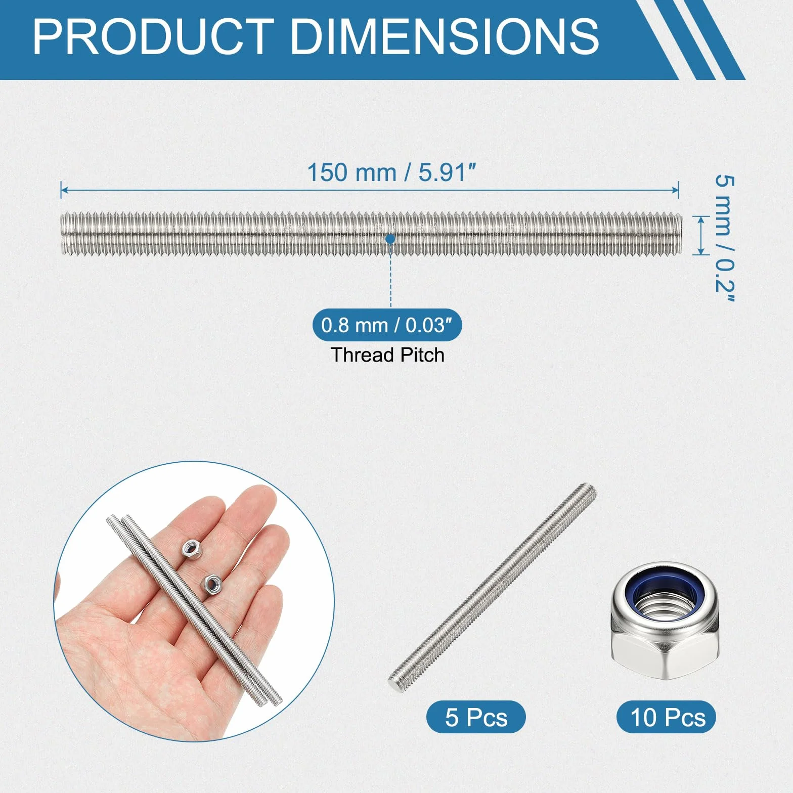 PATIKIL 5 sztuk prętów gwintowanych M5 x 150 mm 304 stal szlachetna gwint prawy