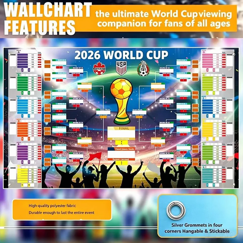 Shengou Plan meczów w piłce nożnej 2026, plakat z 2 piórami, planer piłki nożnej 150 x 90 cm, plan meczów MŚ 2026, plakat do dekoracji, zawiera 48 drużyn, grup, nokaut i finały wszystkie wyniki meczów