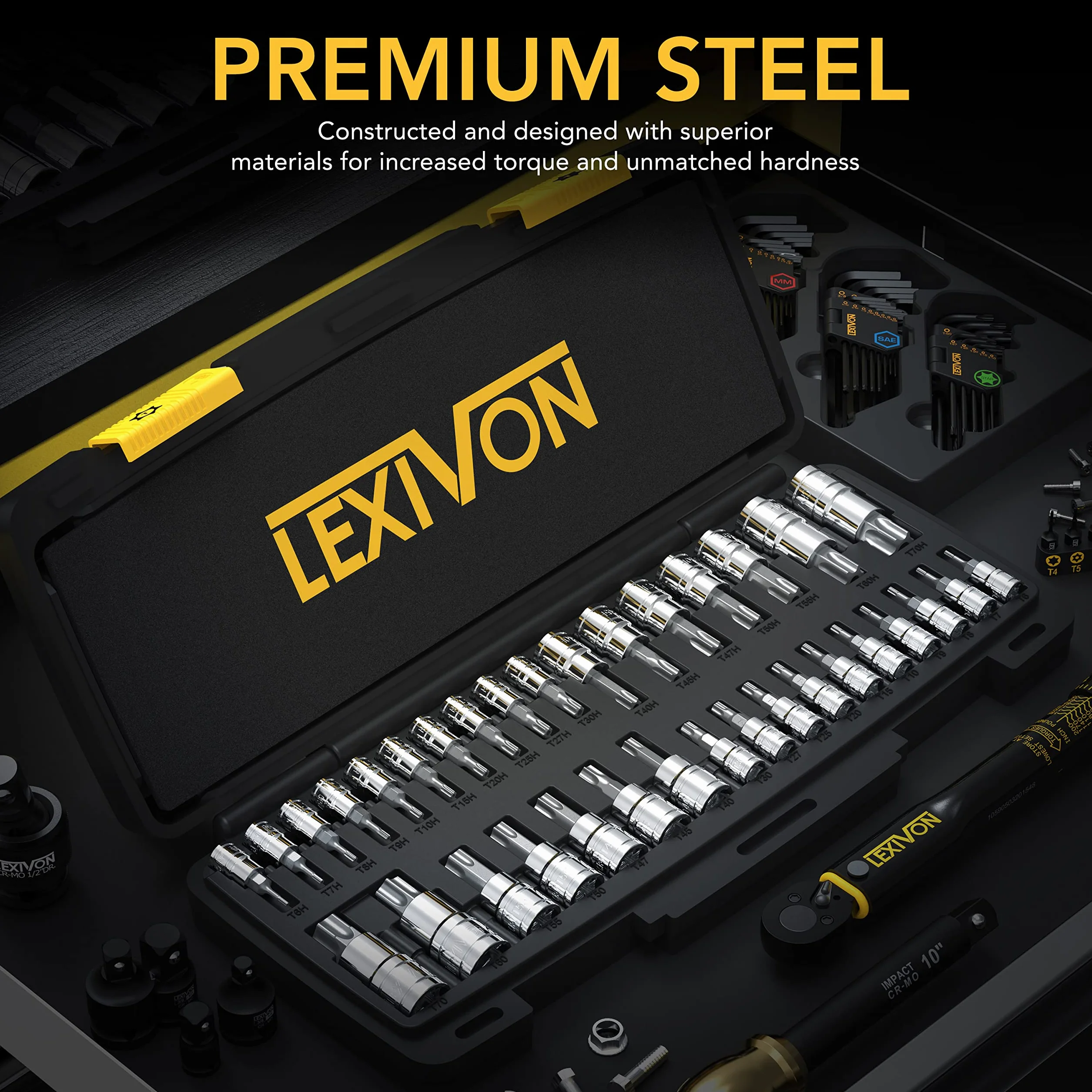 LEXIVON Zestaw kluczy nasadowych TORX Master, stal stopowa S2, 34 części T6-T70, torba LX-149