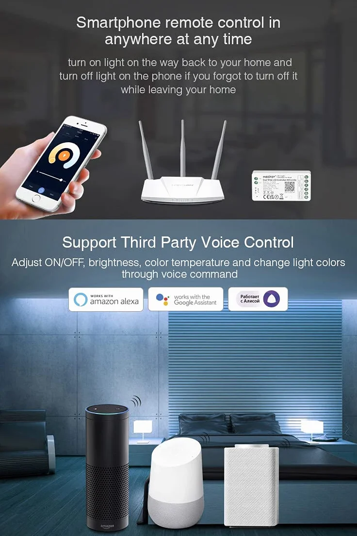 LIGHTEU®, Milight Miboxer podwójny biały kontroler taśm LED WiFi, Amazon Alexa i Google Home, pilot zdalnego sterowania głosem i sterowanie aplikacją, nie wymaga Wi-Fi, Bluetooth 2, 4G