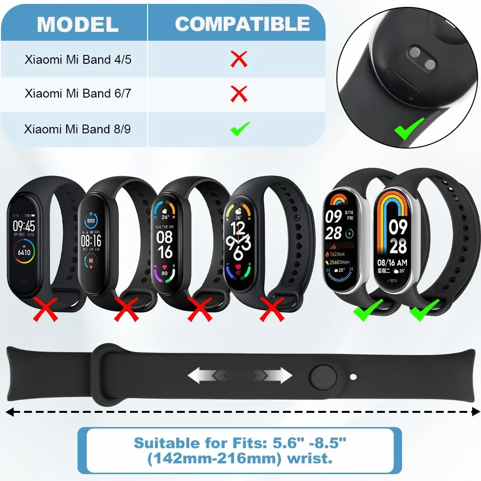 Ainiv Paski do Xiaomi Mi Band 10/9/8, miękki silikonowy pasek, oddychający, tylko szybkie uwolnienie, wymienne paski do bransoletki Xiaomi Smart Band 9/8, dla kobiet i mężczyzn