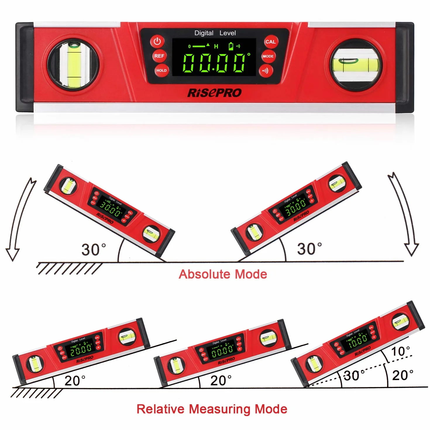 RISEPRO Cyfrowy poziom magnetyczny i kątomierz 10-calowy elektroniczny inklinometr IP54 z dużym wyświetlaczem VA i podstawą z rowkiem V DL135N