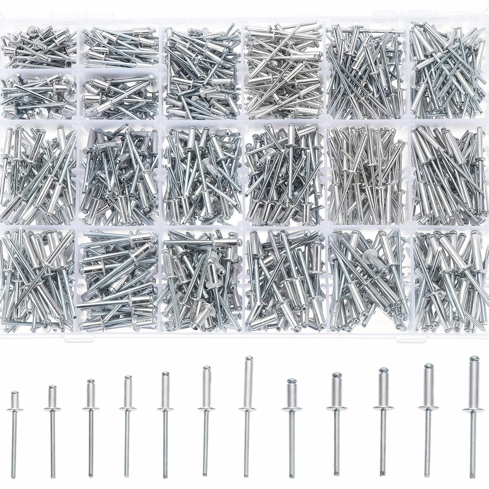 Gueenky 1110 sztuk aluminiowych nitów niewidomych 3,2/4/4,8 mm, 20 rozmiarów, zestaw z metalowym pudełkiem