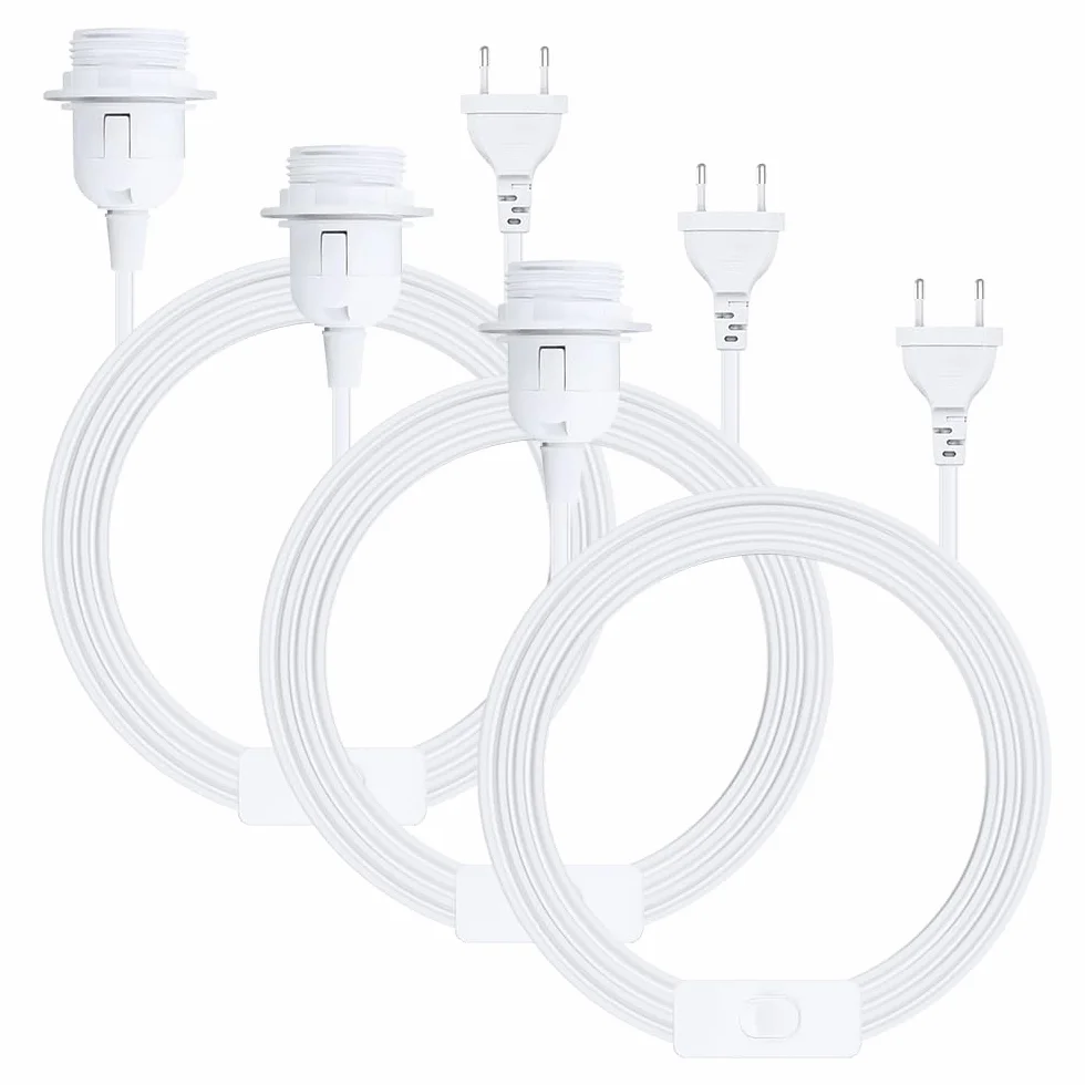 Oprawa lampy E27 z przełącznikiem z wtyczką, 3 x oprawka E27 z kablem sieciowym 3 m, pierścień śrubowy, do zawieszenia lampy, lampa wisząca do salonu, sypialni i kuchni (biała)