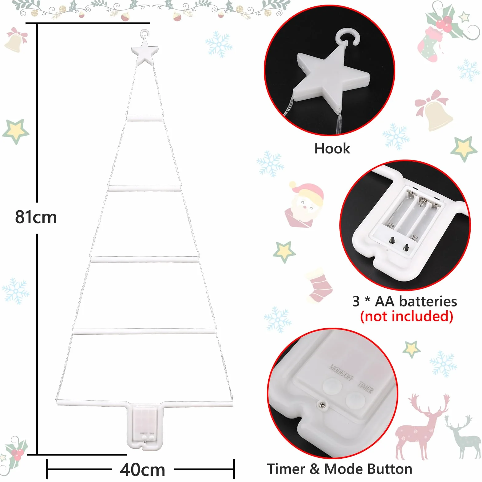 Moxled Oświetlenie bożonarodzeniowe, na zewnątrz, na baterie, 81 cm, łańcuch świetlny LED, na baterie, z timerem, 8 trybów, wodoszczelny, łańcuch świetlny na choinkę, do użytku wewnątrz i na zewnątrz