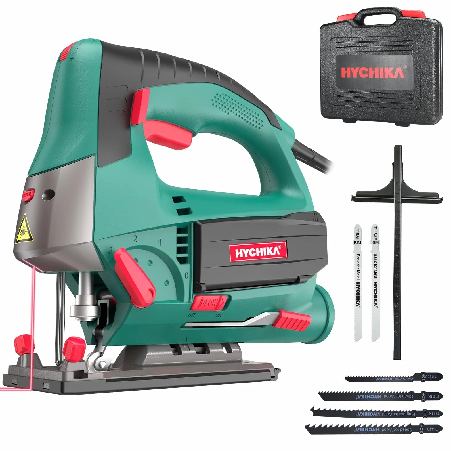 HYCHIKA Wyrzynarka 800W Max Głębokość Cięcia 110mm 800-3000Spm Elektryczna z Laserem 6 Prędkości Cięcie Ukośne -45° do 45° 6 Ostrzy