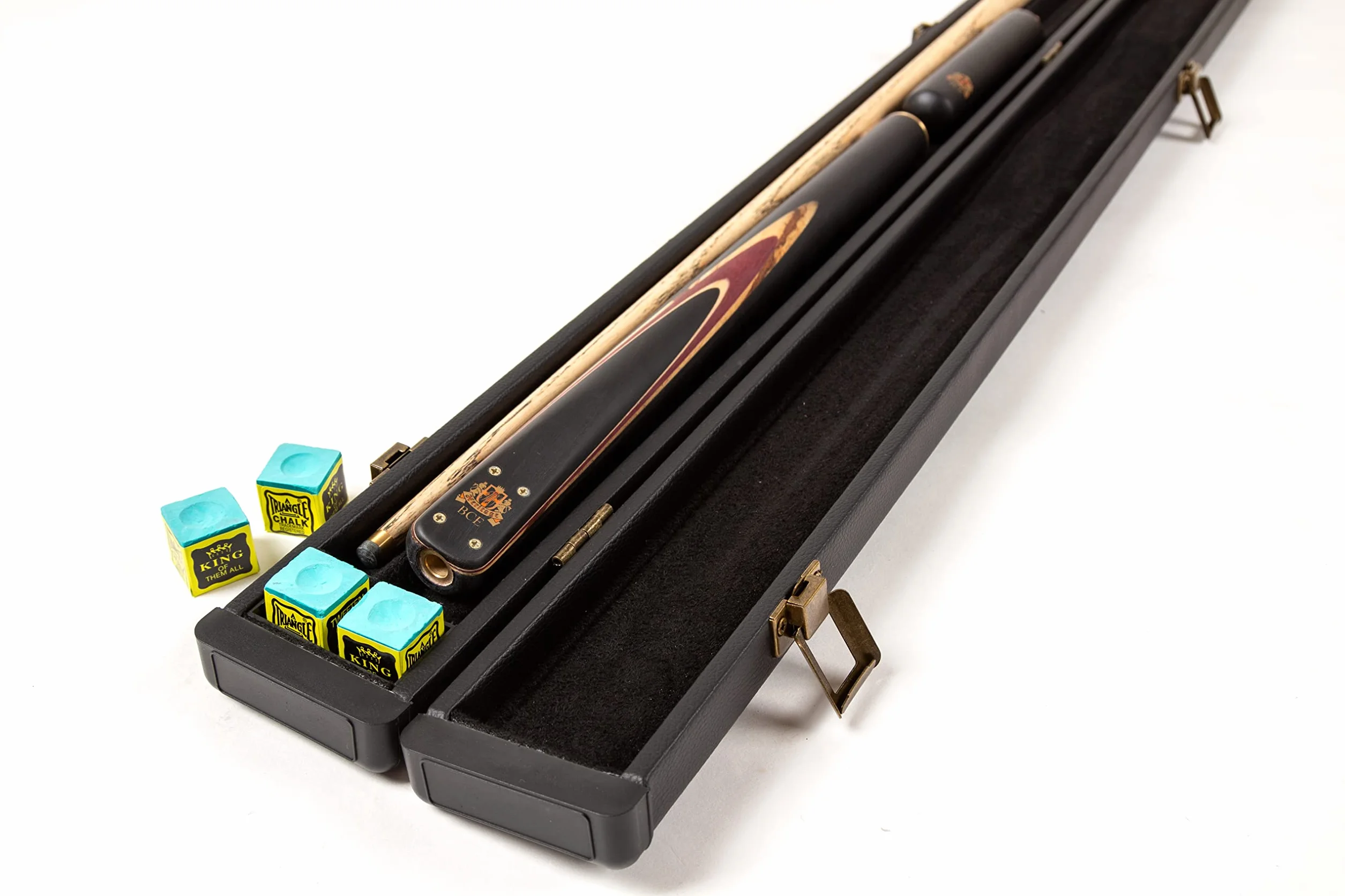 BCE Heritage Sapele Mahogany ¾ Cut Snooker Cue – końcówka 145 cm – 9,5 mm z przedłużeniem 15 cm i twardym etui + zestaw akcesoriów zawierający końcówki łosia ROS, kredę trójkątną i ręcznik Riley Cue.