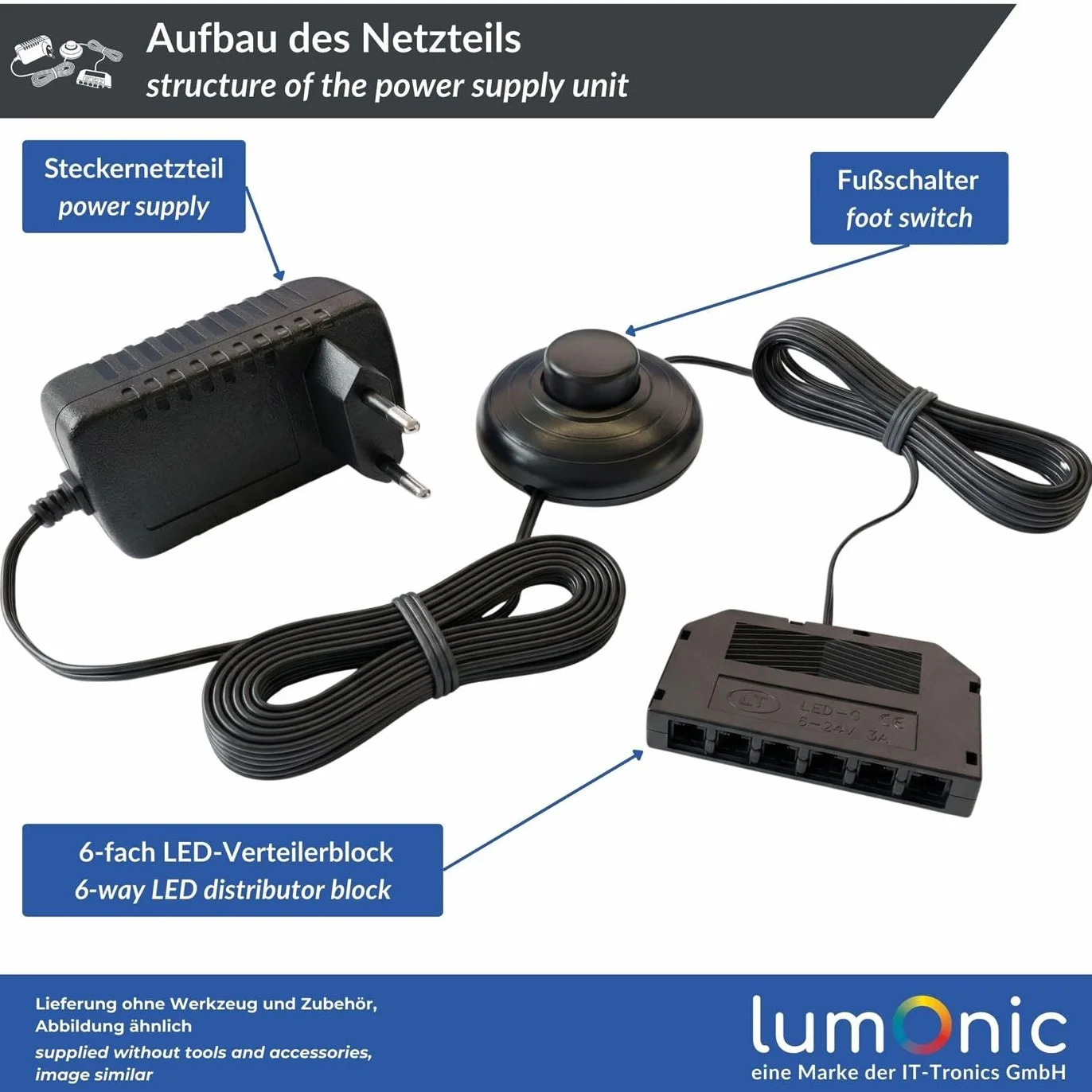 Lumonic Zasilacz LED 12V 18W 340cm Plug & Play z przelacznikiem noznym 6-droznym rozdzielaczem