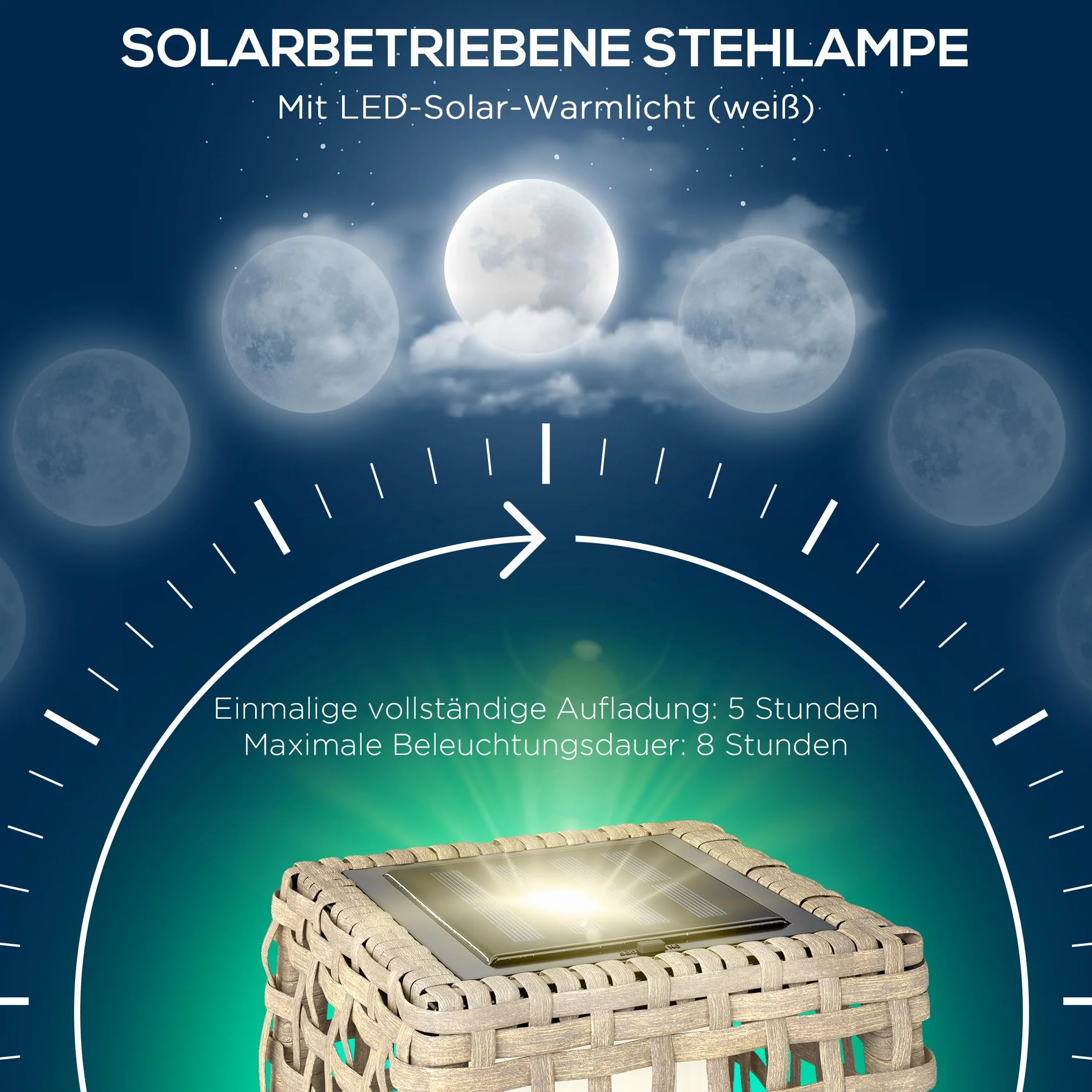 Outsunny Solar Stojąca Lampa Rattanowa z Czujnikiem Światła LED, Wodoodporna IP44, Styl Boho