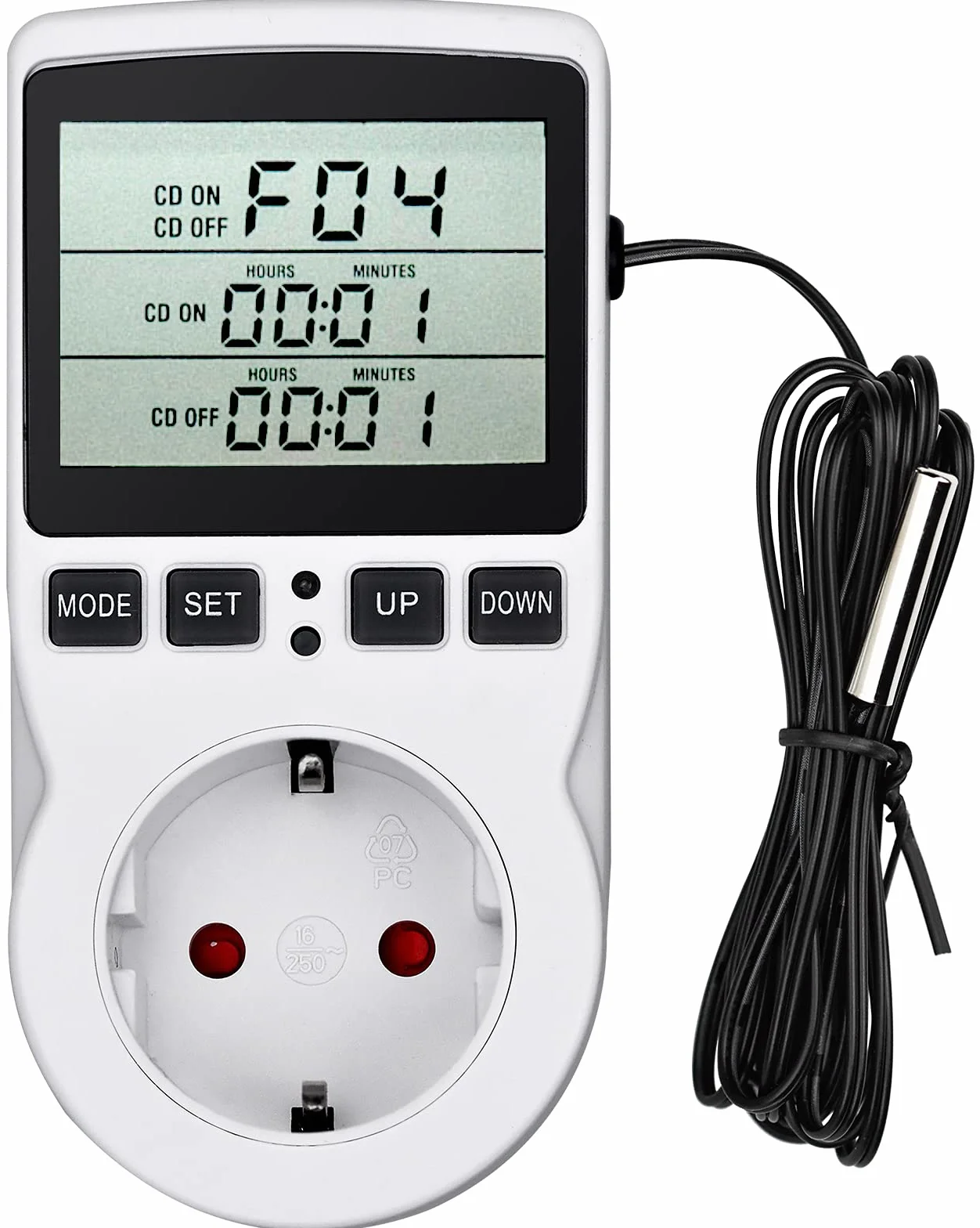Regulator temperatury 230 V, termostat cyfrowy z czujnikiem temperatury, wtyczkowy do sterowania ogrzewaniem i chłodzeniem