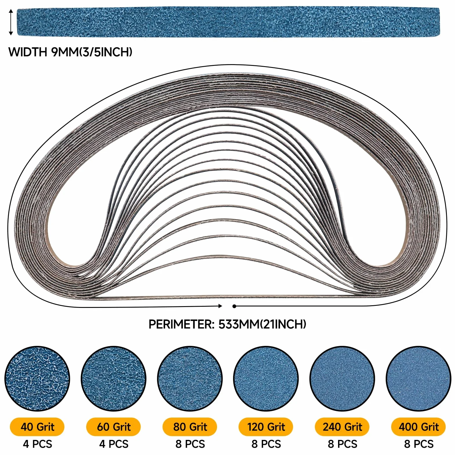 Taśma szlifierska 9 x 533 mm 40 szt. ziarnistość 40/60/80/120/240/400 do metalu drewna