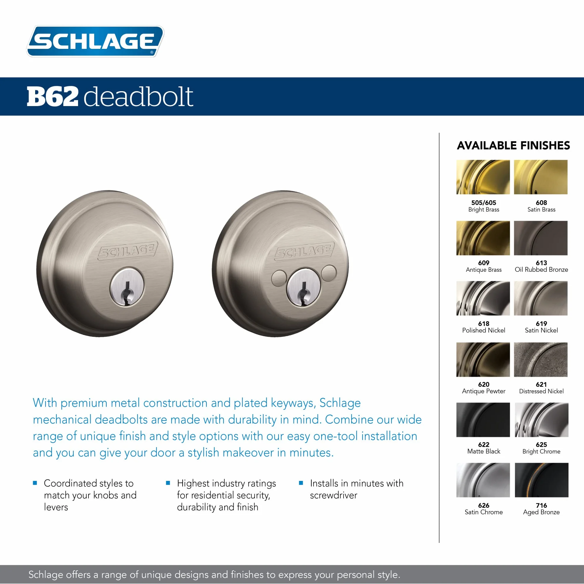 Schlage B62N716 zasuwa klucz 2-stronny postarzany brąz