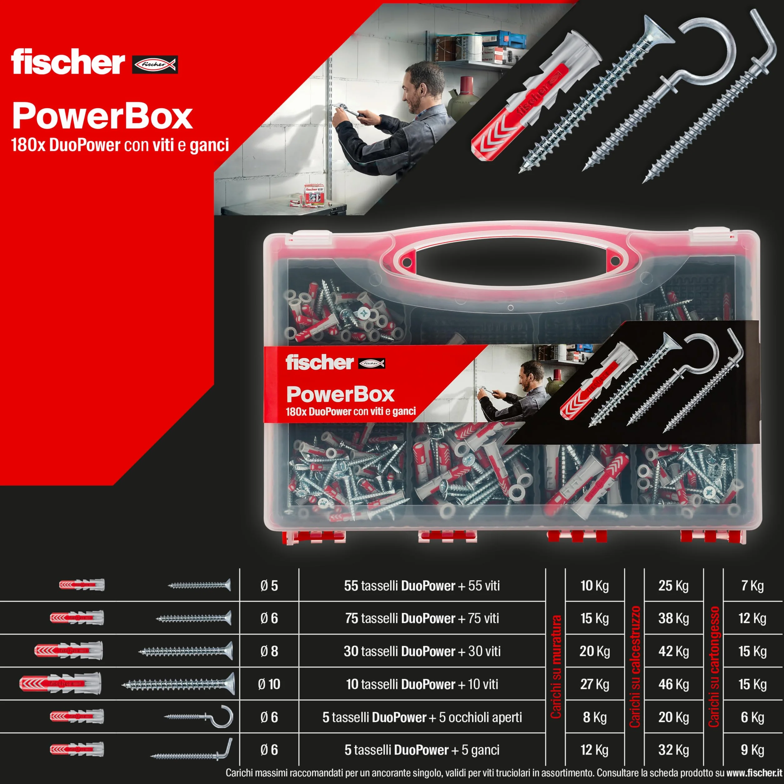 Fischer PowerBox 180 kołków DuoPower ze śrubami i hakami, do pełnej ściany, perforowanej i suchej zabudowy, 360 szt