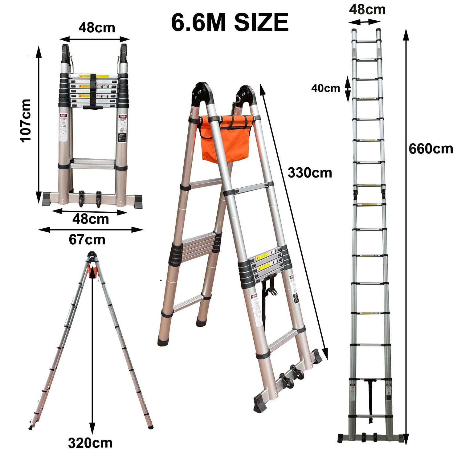 Hooha 6,6M Drabina Skladana Aluminiowa Drabiny Teleskopowa Domowa 2 W1 (3.3M+3.3M) Nośność 150kg Do Mycie Okien, Malowanie, Naprawa dachu