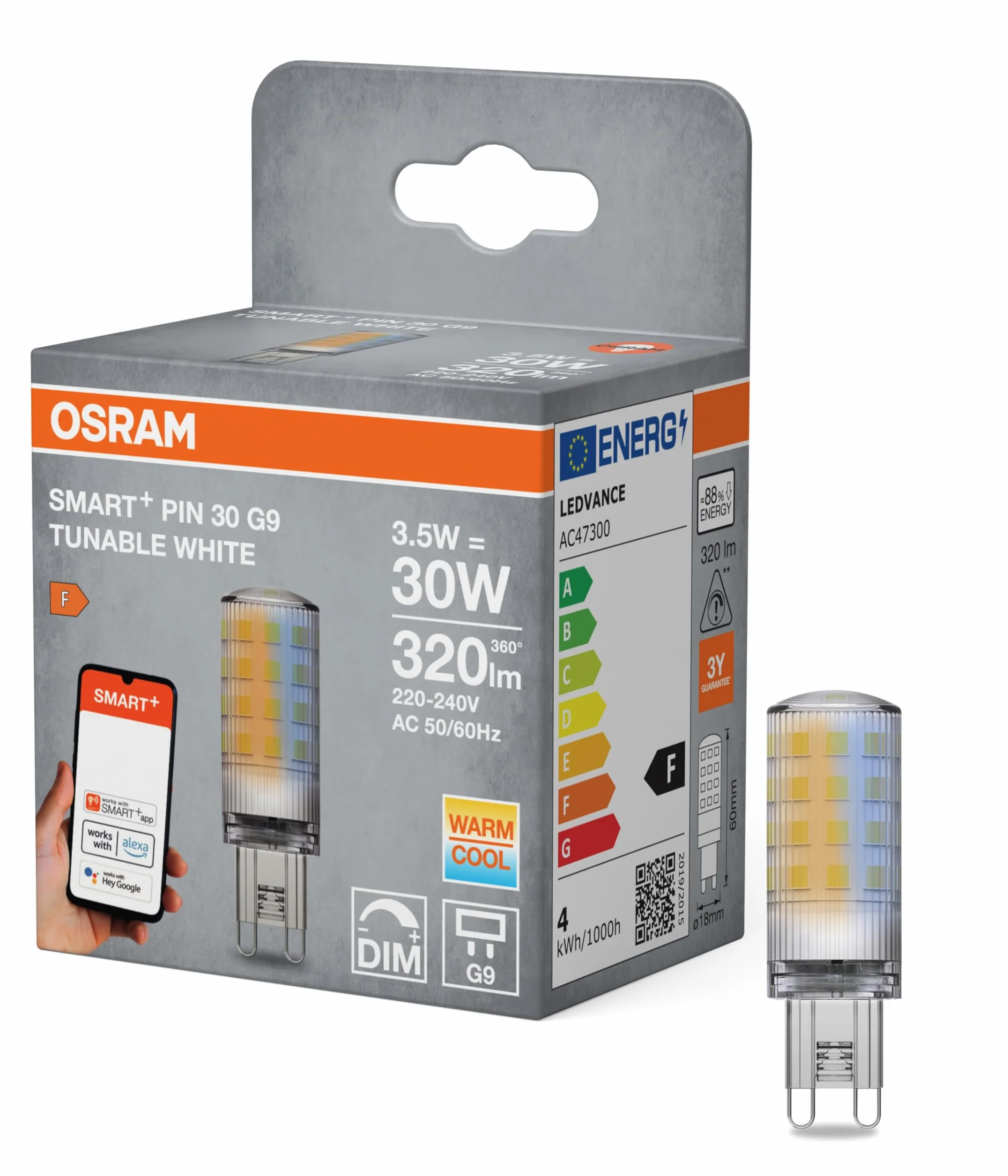 OSRAM SMART+ WiFi SPECIAL PIN CL 30 Lampa LED z trzonkiem typu Retrofit G9, 3,5 W, 320 lm, 2700 K do 6500 K, funkcja światła białego, możliwość przyciemniania, długa żywotność, łatwa instalacja,
