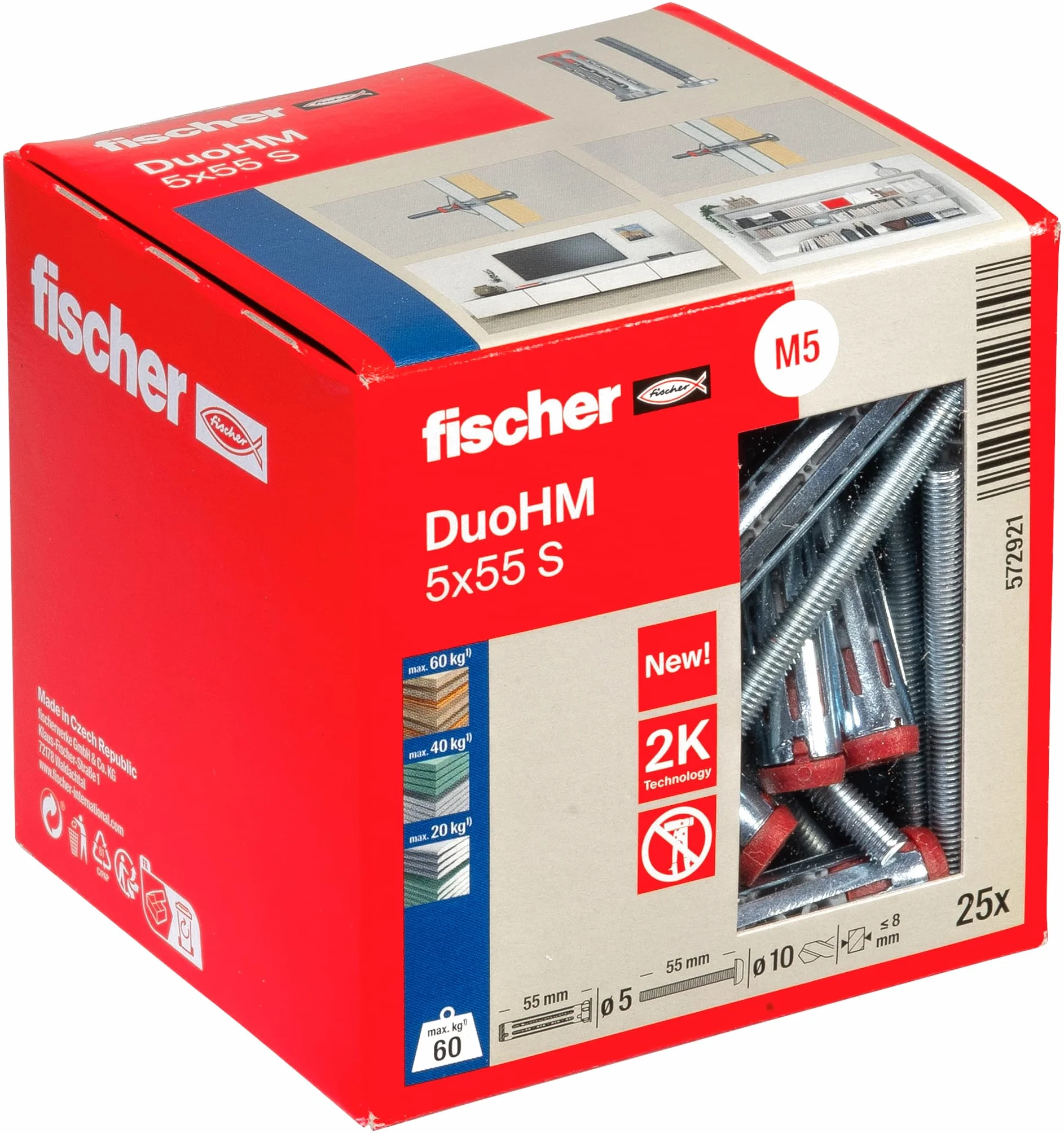 fischer Kołek rozporowy DuoHM 5 x 55 S PZ, kołki z metryczną śrubą panhead i napędem PZ, 25 sztuk