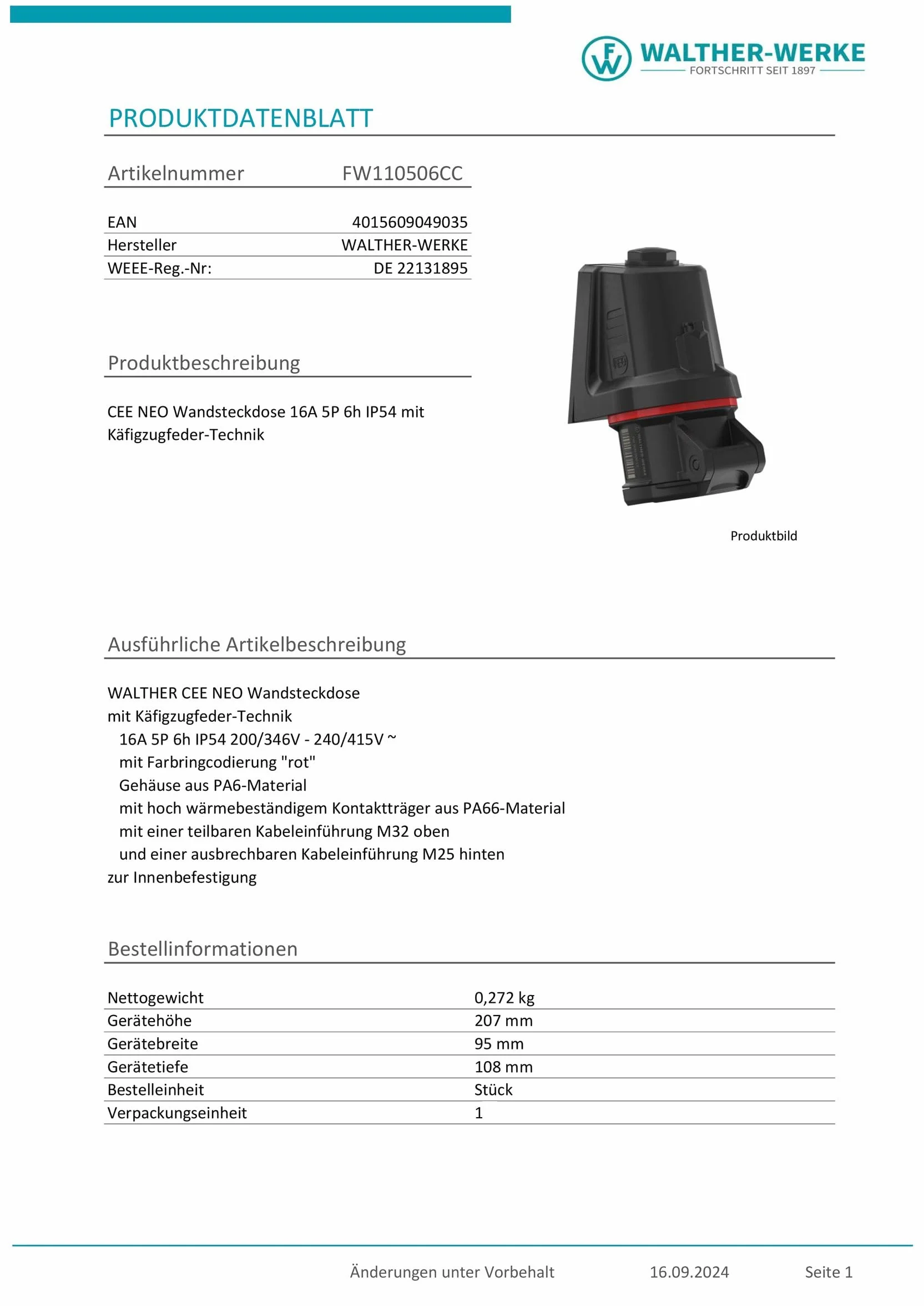 Walther Werke FW110506CC FW110506CC CEE gniazdko ścienne 16 A, 5-biegunowe, 400 V, 1 szt.