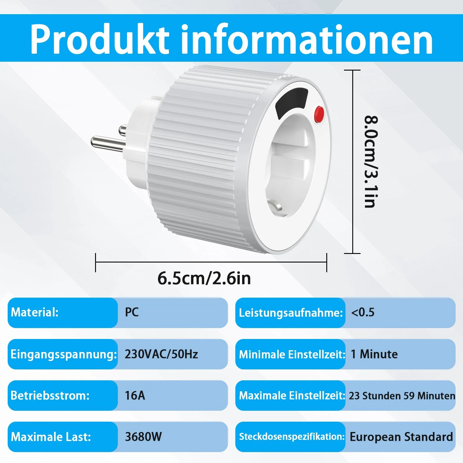 Programator czasowy gniazdko z timerem, 1 min do 24 h, przełącznik obrotowy LED, 16 A, 3600 W, 230 V biały