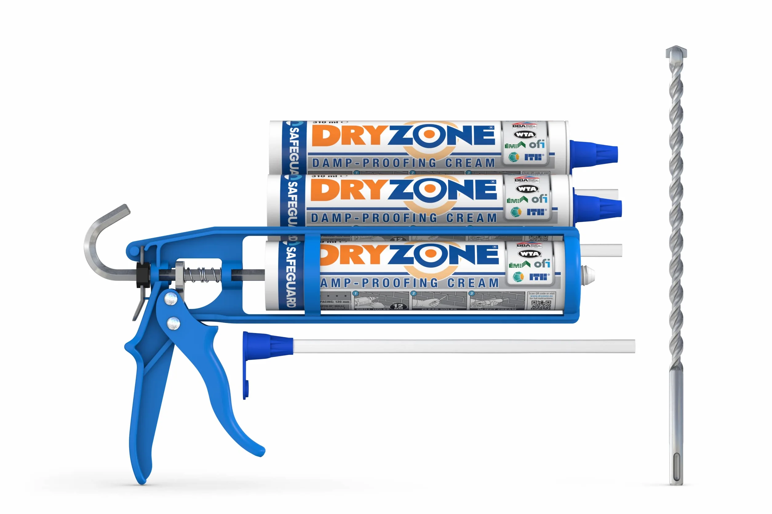 Dryzone Przeciwwilgociowy Krem Iniekcyjny 3x310ml Pistolet do Kitu Wiertło 12mm