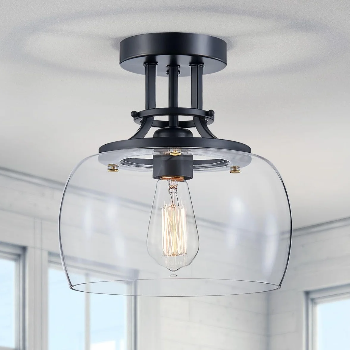 Rustykalny żyrandol przemysłowy okrągły sufit lampa LED z przezroczystymi szklanymi kloszami E27 czarny 25x25 cm
