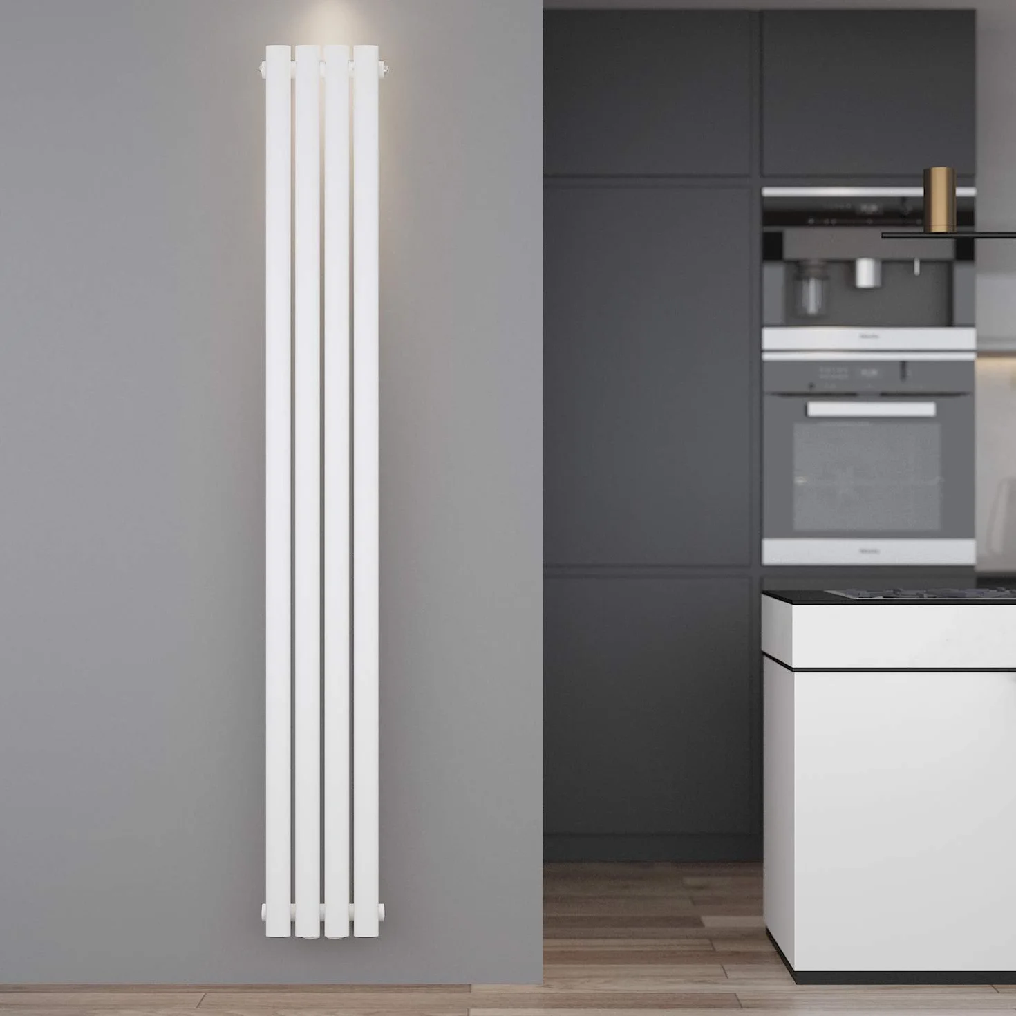ELEGANT Grzejnik rurowy panelowy pionowy 230 x 1800 mm biały owalny przyłącze środkowe jednowarstwowy