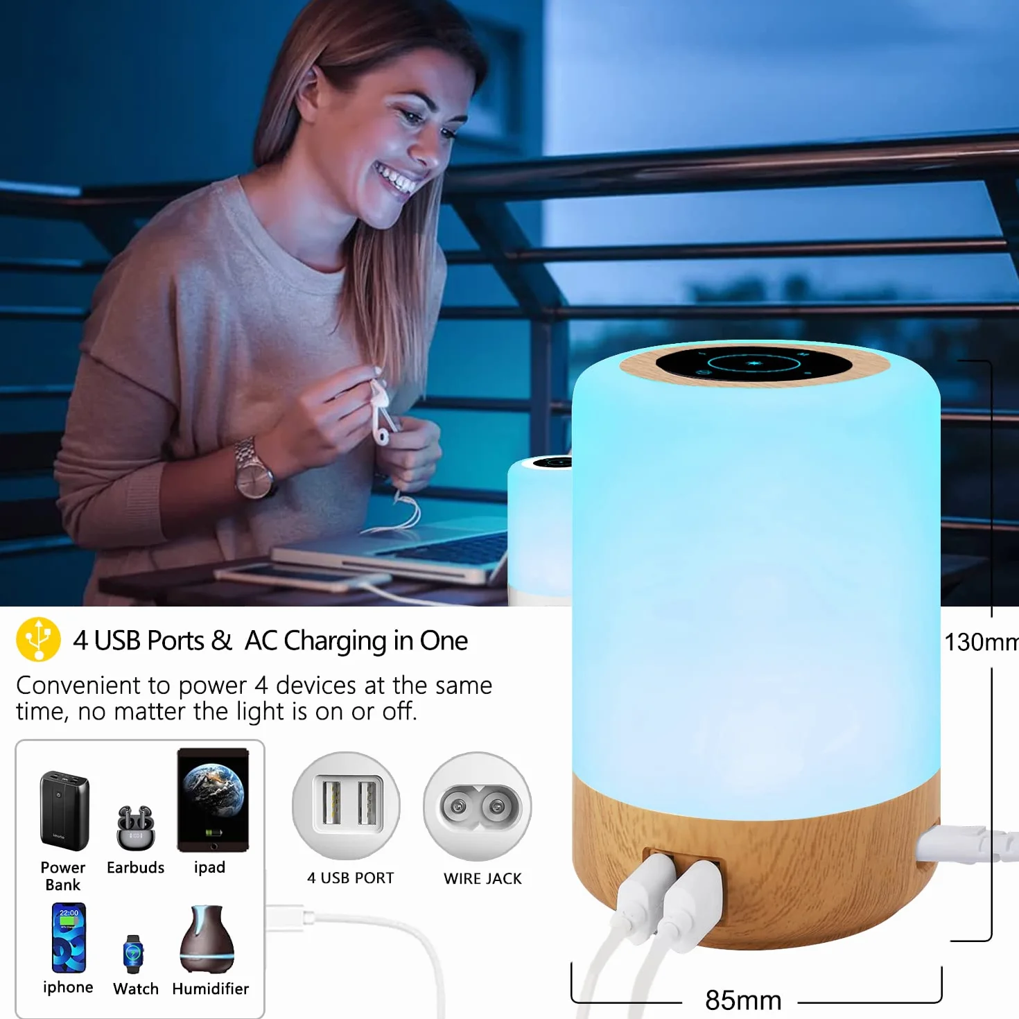 Lampka Nocna LED Dotykowa Ściemniana 4 Porty USB-A 8 Kolorów 10 Poziomów Jasności Lampa Stołowa do Sypialni