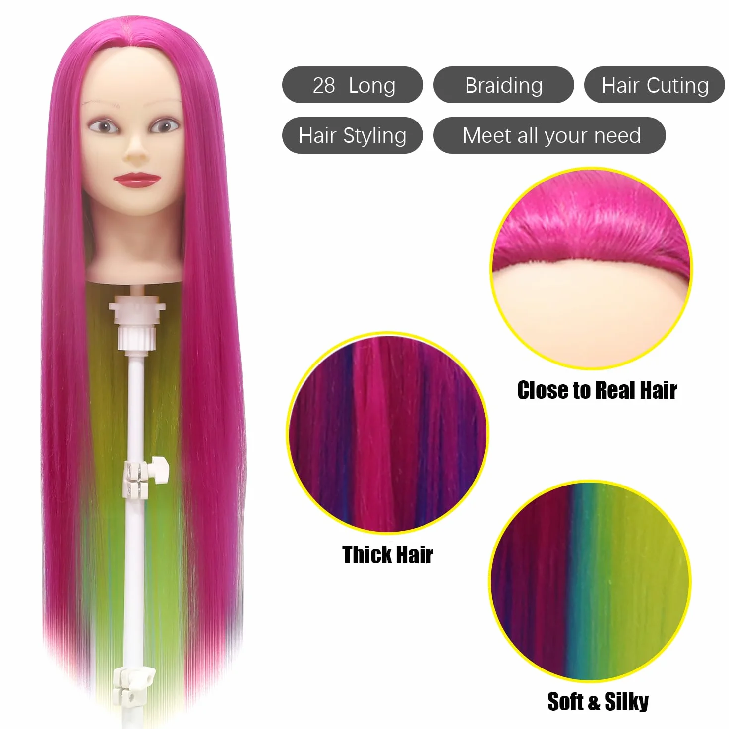 Głowa treningowa, 71 cm, głowa ćwiczebna, głowa fryzjerska, 100% włókna syntetyczne, do stylizacji włosów, z bezpłatnym zaciskiem i zestawem DIY do zaplatania (kolor tęczy)