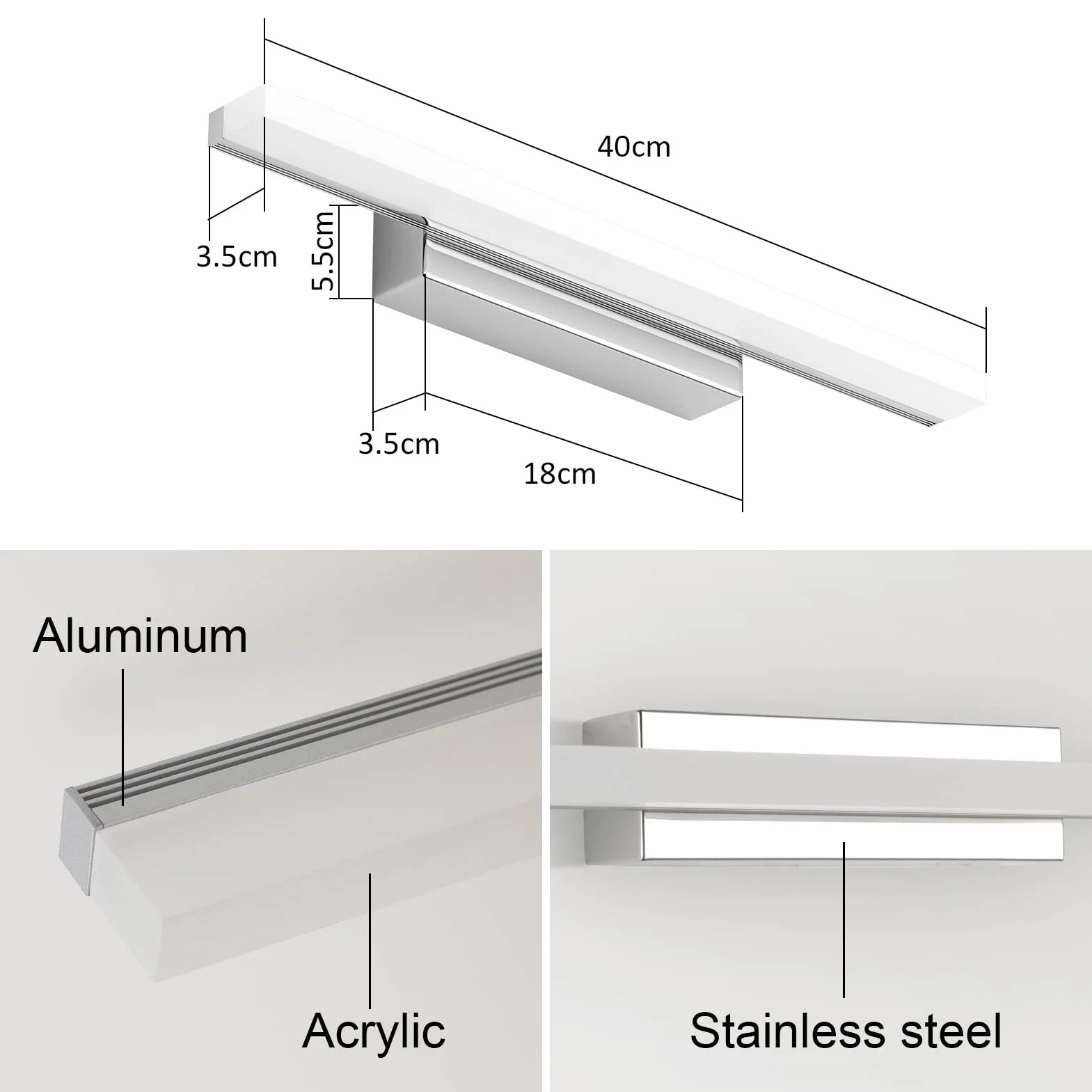 Klighten Łazienkowa lampa LED 9 W 40 cm IP44 kinkiet lustro łazienkowe 600 lumenów 110-240 V 3000 K ciepła biel