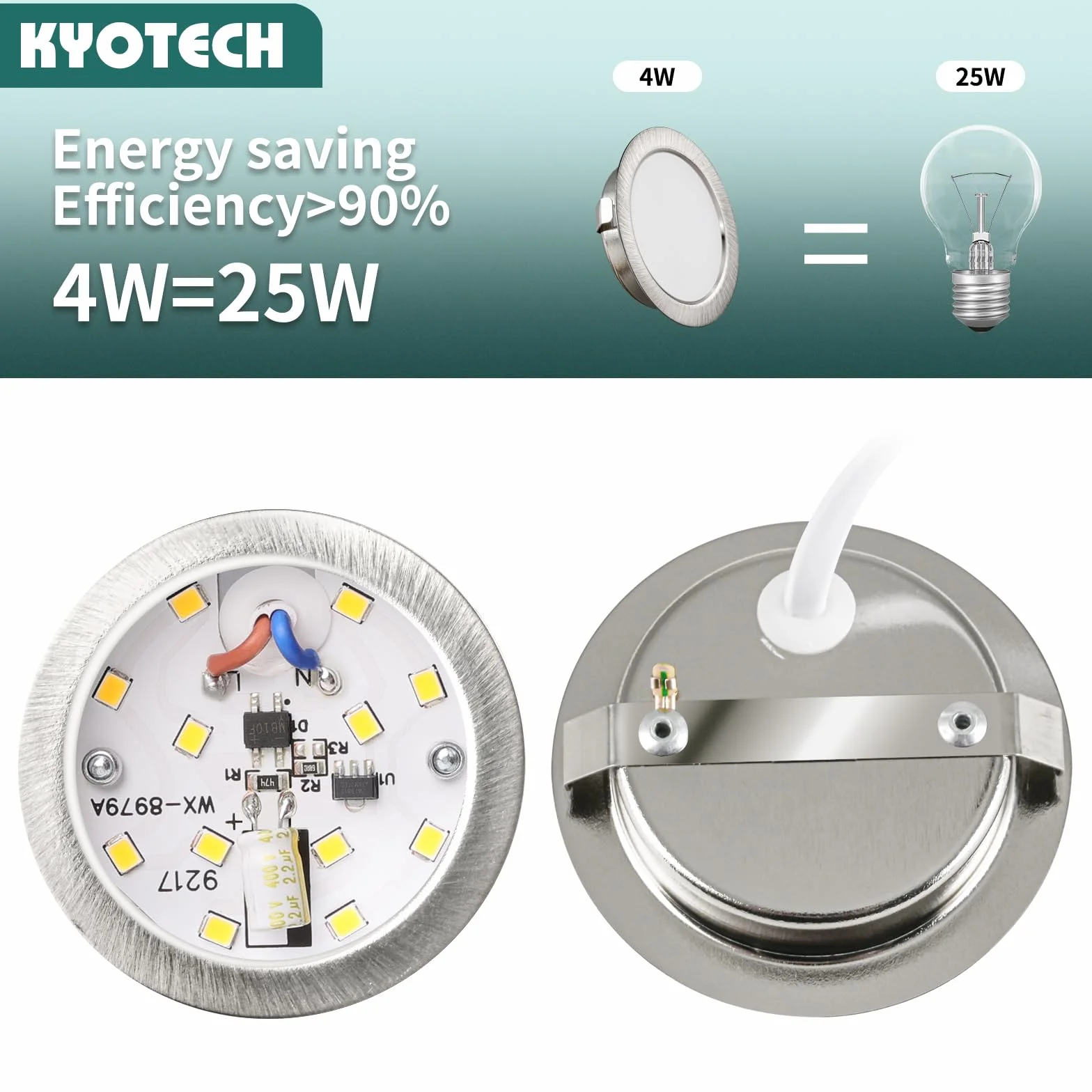 KYOTECH Zestaw 6 lamp meblowych LED 230V 3,5W IP44 G4 15mm płaskie do zabudowy szczotkowana stal nierdzewna 3000K ciepła biel