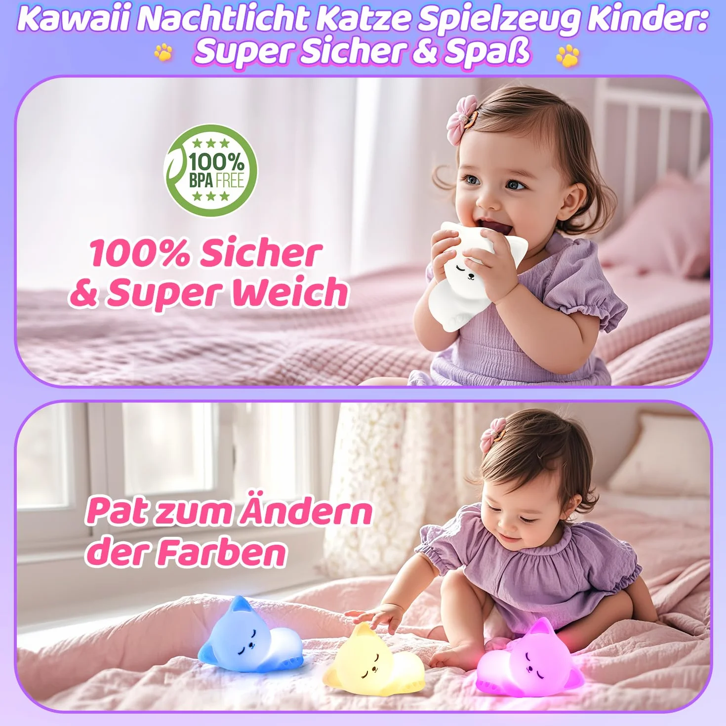 Lampka nocna dla dzieci kot 16 kolorów pilot zdalnego sterowania USB akumulator ściemniana Kawaii