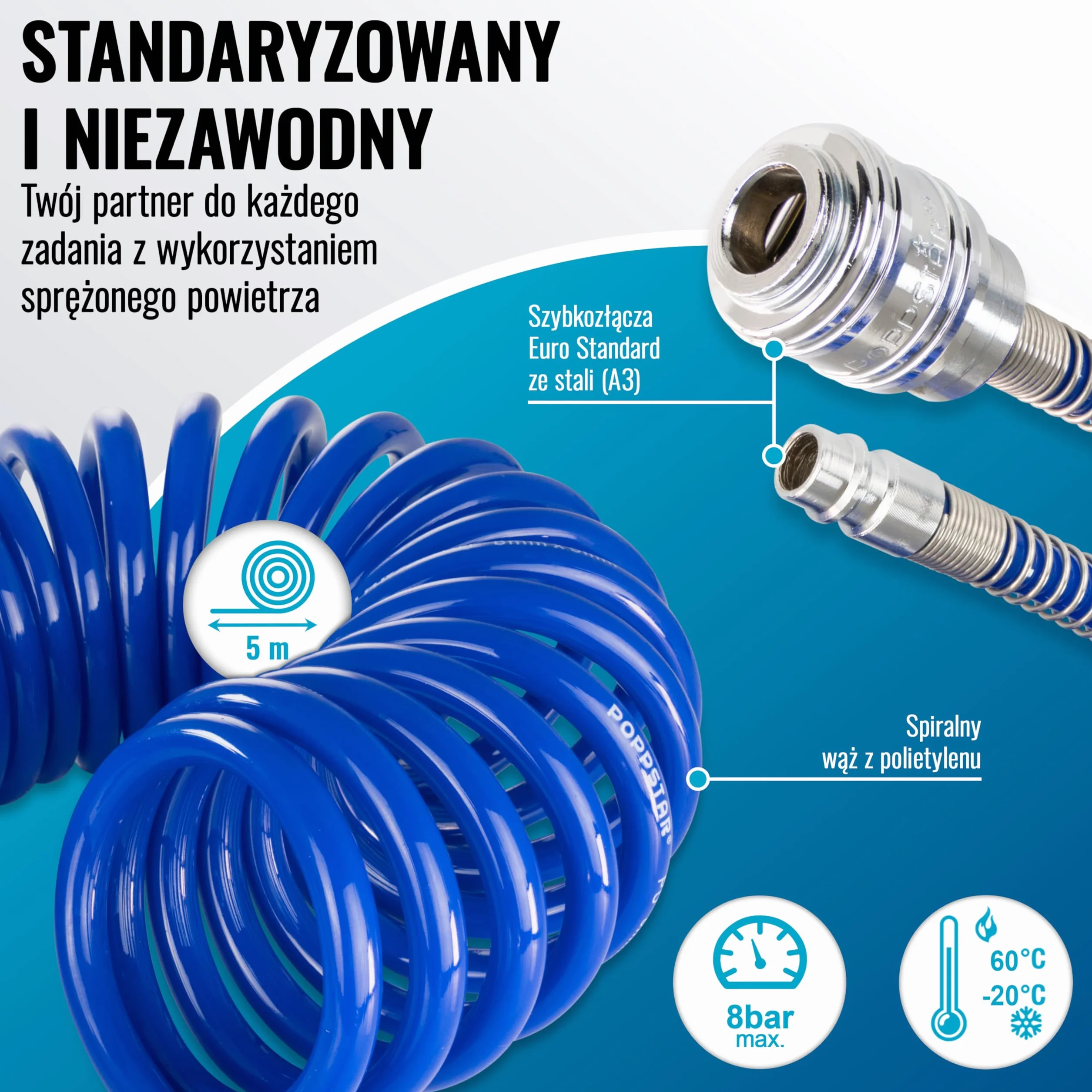 Poppstar zestaw akcesoriów do sprężonego powietrza: napełniacz do opon 0-16 bar, wąż spiralny 5m, pistolet przedmuchiwania 12 bar