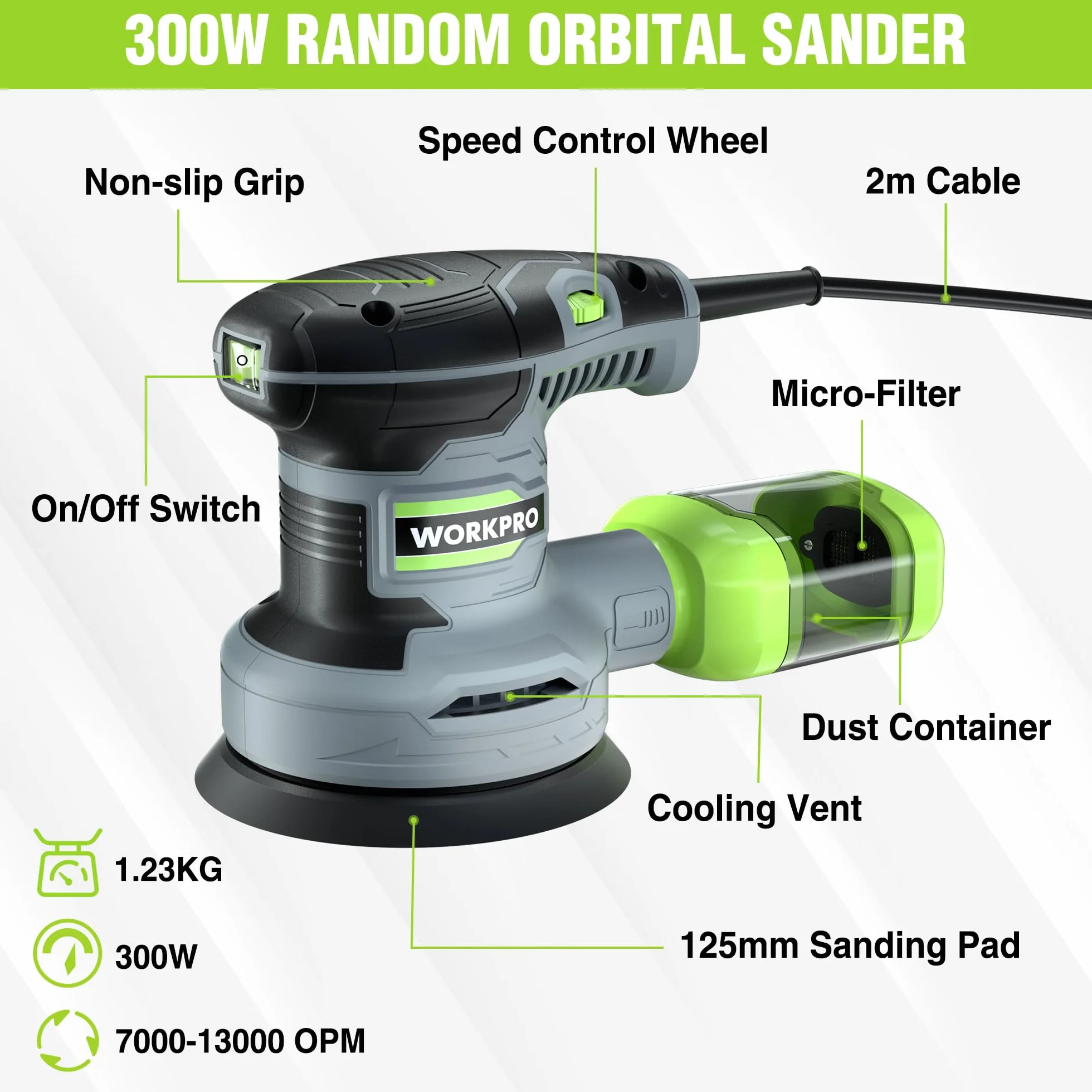 WORKPRO Szlifierka mimośrodowa 125 mm, 300 W z regulowaną prędkością 7000–13000 obr./min