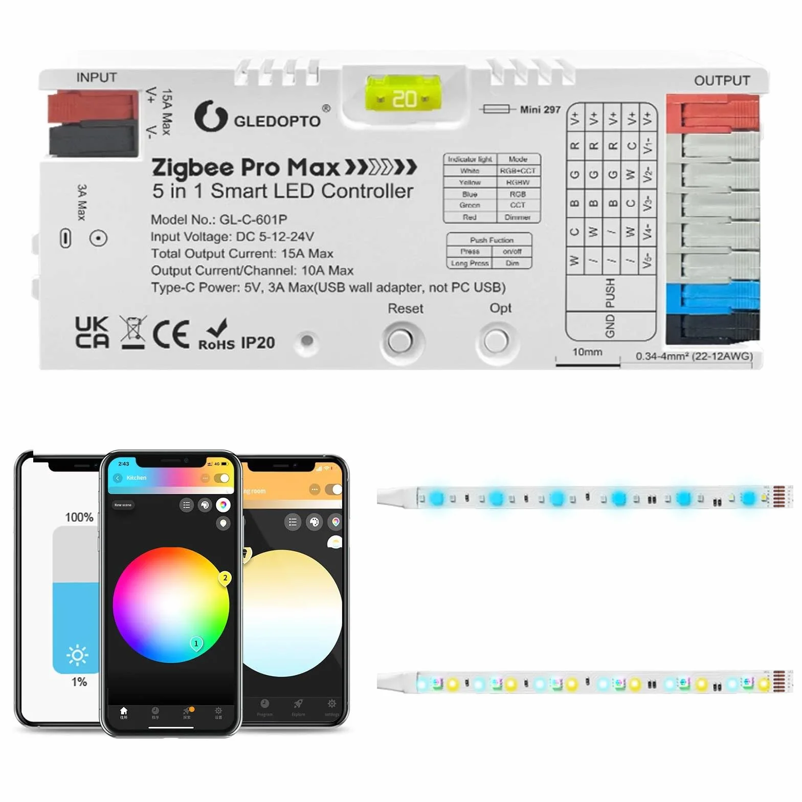 GLEDOPTO ZigBee 3.0 kontroler LED 5 w 1 RGBCCT 20 A ściemniacz sterowanie głosem kompatybilny z Alexa Tuya Smart Life