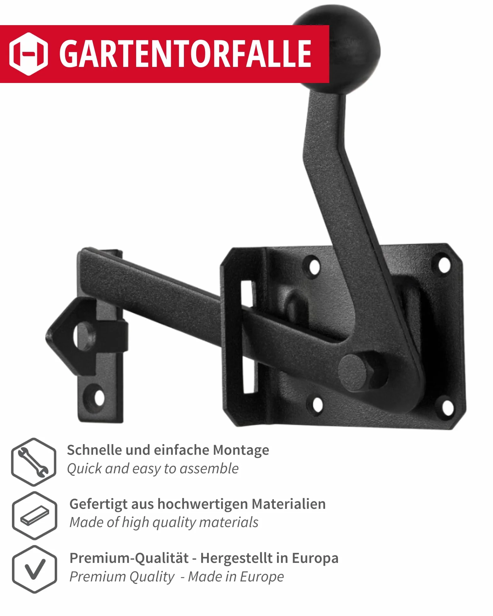 Gedotec Pułapka na bramę ogrodową stalowa czarna 160 mm zamknięcie bramy z hakiem typu jack samozamykacz