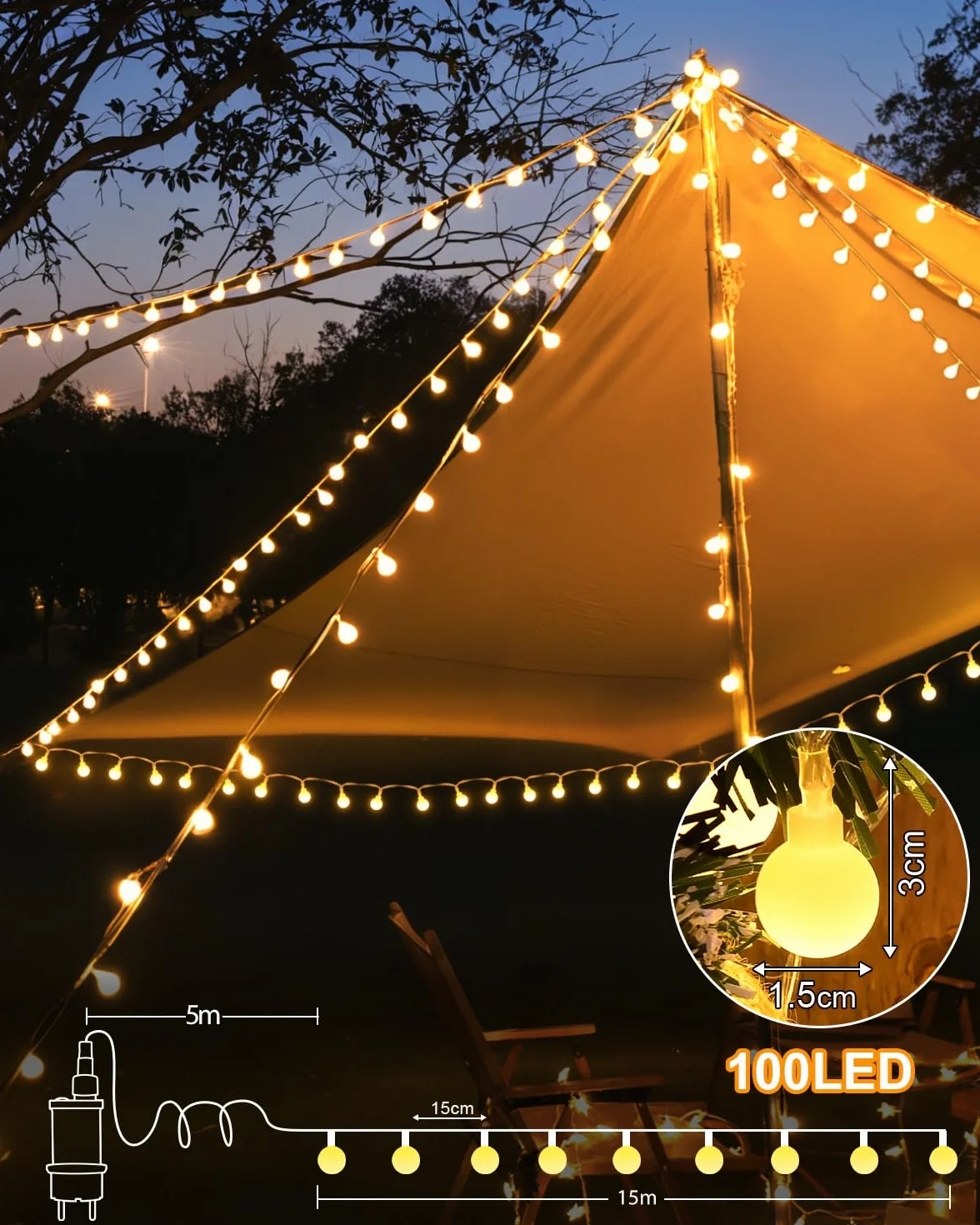 Dalugo Łańcuch świetlny LED 15 m 100 diod ciepła biel IP65 z timerem 6 h
