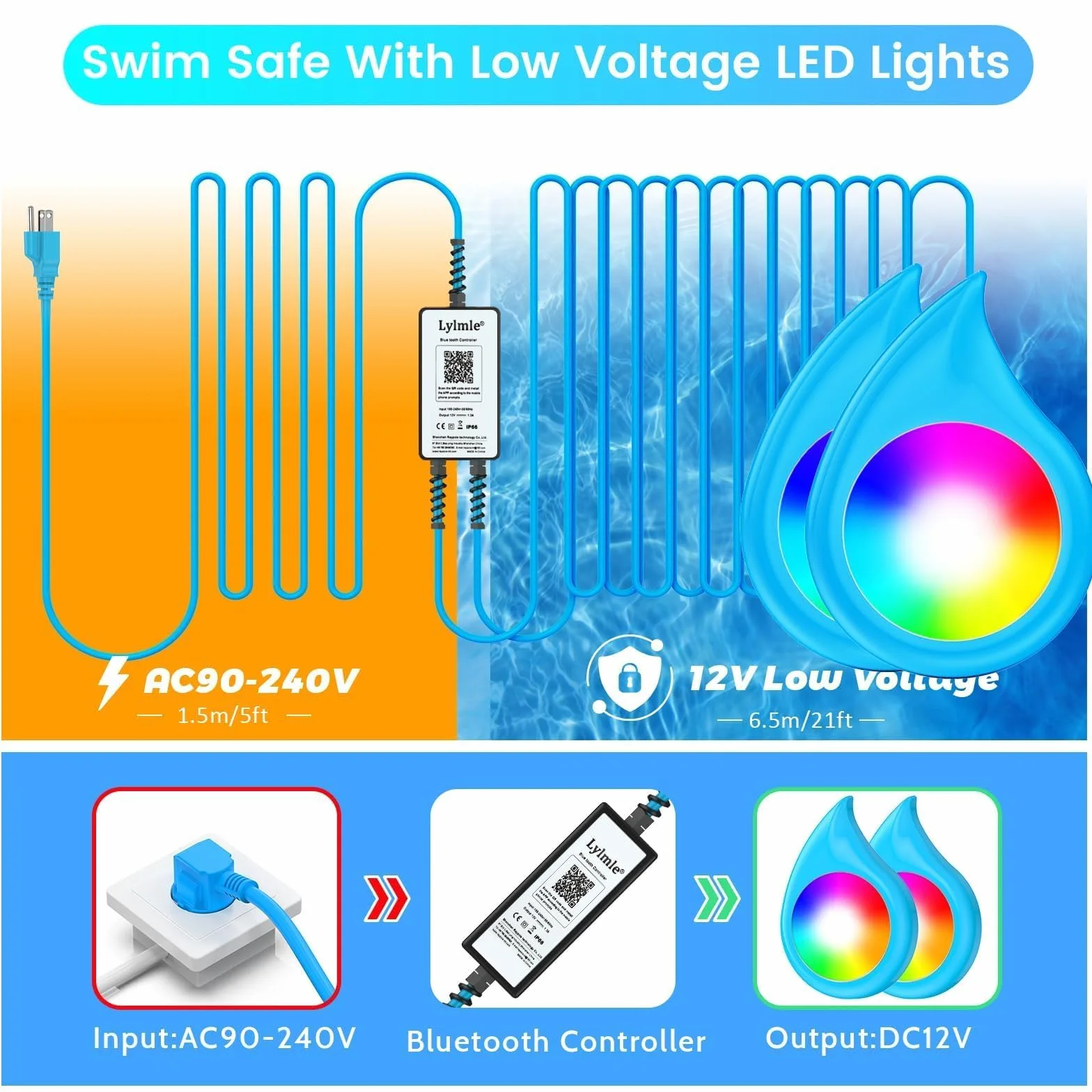 LyLmLe Oświetlenie Basenowe LED z Kontrolą APP, 40W RGB Ściemnialne podwodne światła zanurzeniowe z magnesami, IP68 Wodoodporna synchronizacja muzyczna zmieniająca kolor światła basenowego 12V, 8m