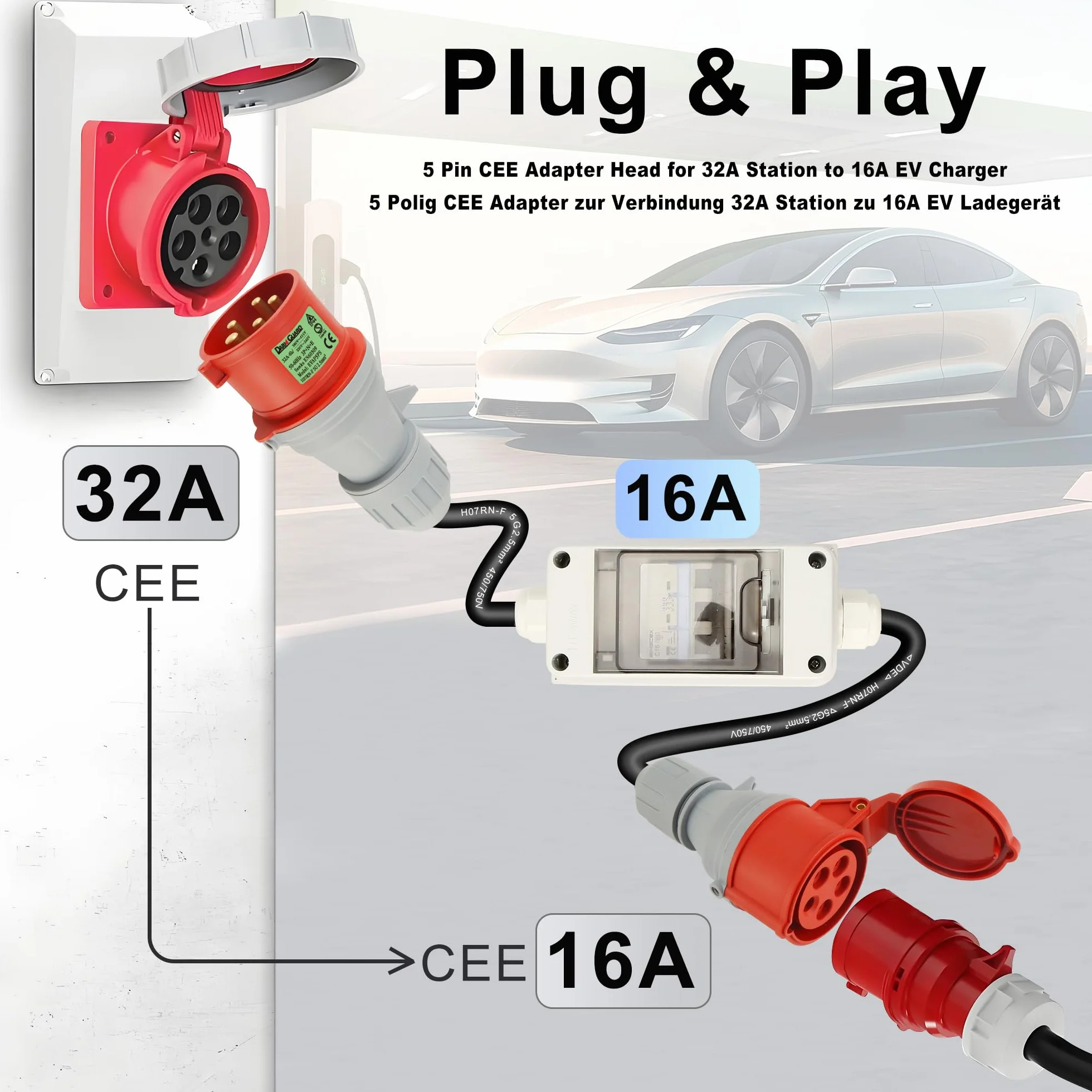Adapter CEE 32 A wtyczka do sprzęgła 16 A 5 Polige Kupplung Starkstrom Adapter z wyłącznikiem 400 V CEE Kabel zasilania H07RN-F 5G 2,5mm²