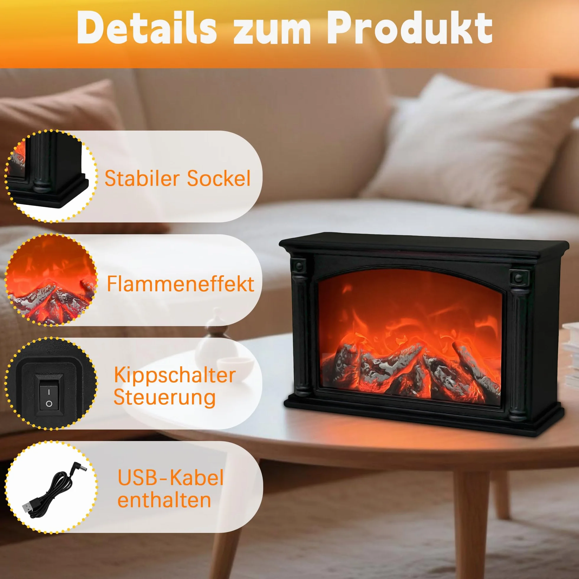 Kominek LED z efektem płomienia, zasilany USB i bateriami, lampa kominkowa stołowa