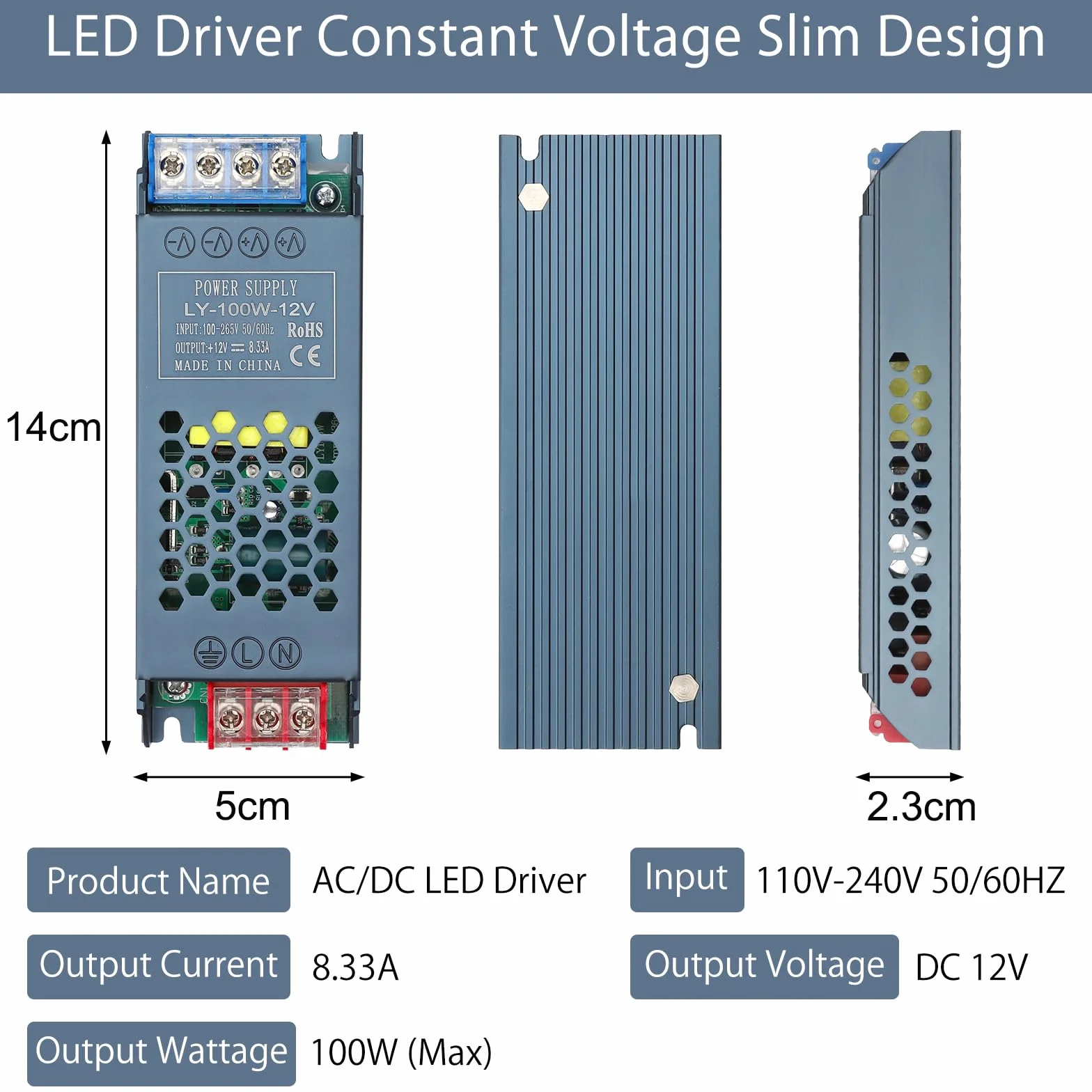 DAWRIS Transformator LED 12 V 100 W, Sterownik zasilacz, 230 V na 12 V, Impulsowy, 8,3 A, AC 230 V na DC 12 V, Kompaktowy, Ekstremalnie napięty, Cienki