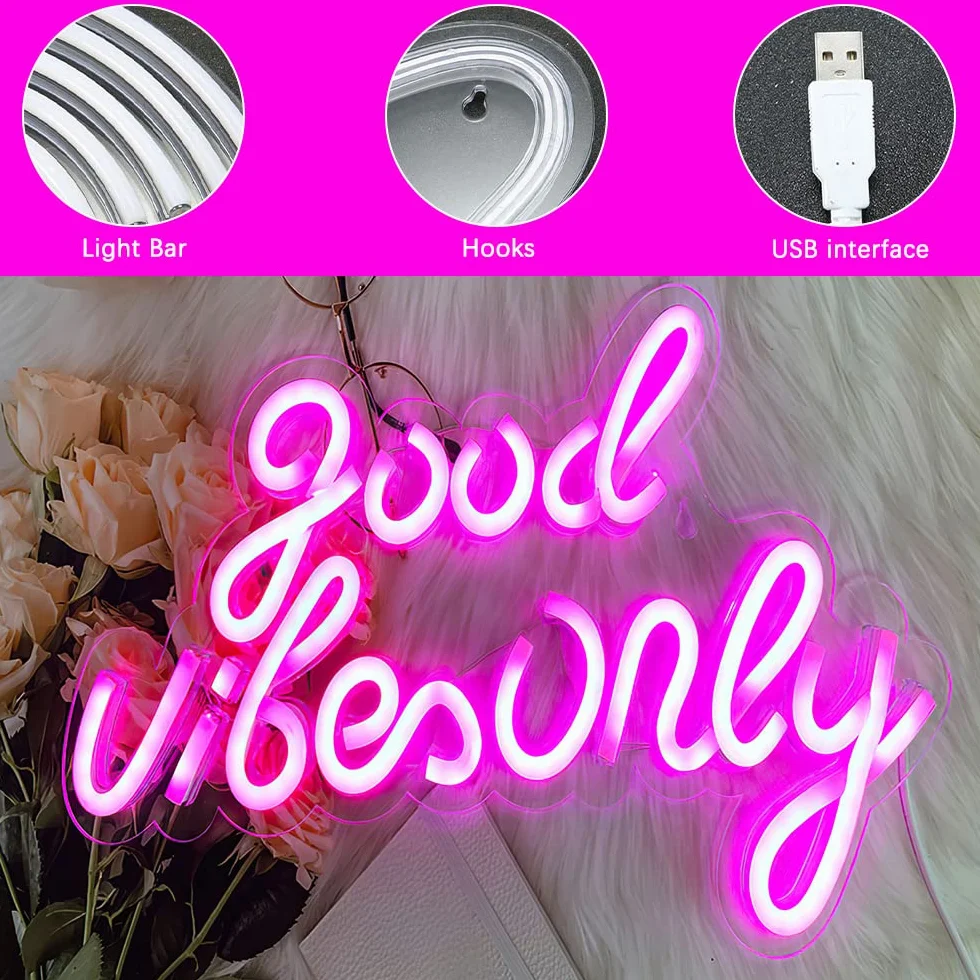 LUFEIS Neon Sign Good Vibe Only Akrylowe Neonowe Światło USB, Dekoracja Ścienna 3D LED