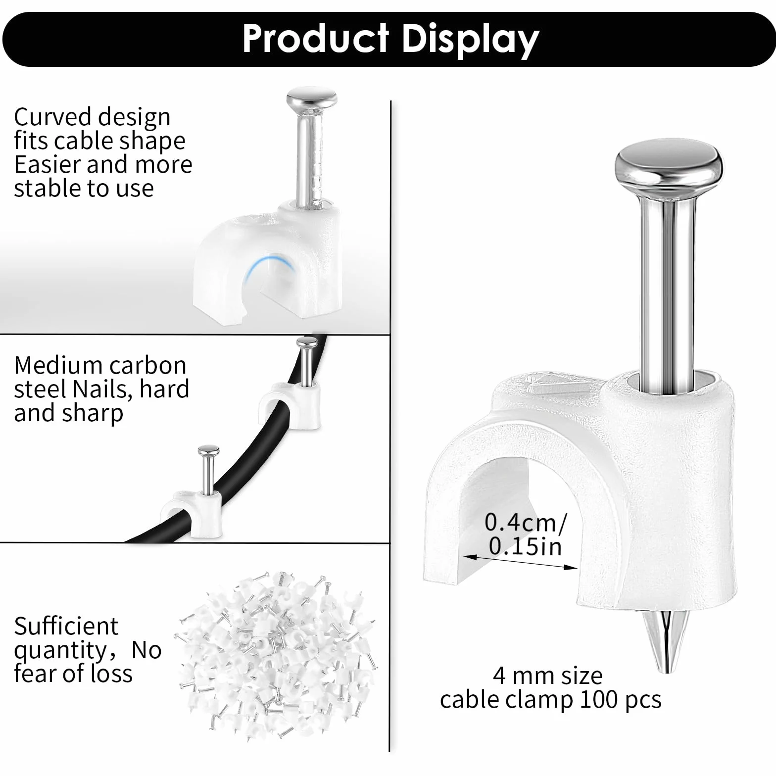 100 sztuk klipsów kablowych ze stalowymi gwoździami, 4 mm białe okrągłe klipsy do drutu, kabel koncentryczny Ethernet, klips do kabli na ścianie, organizer do zarządzania kablami