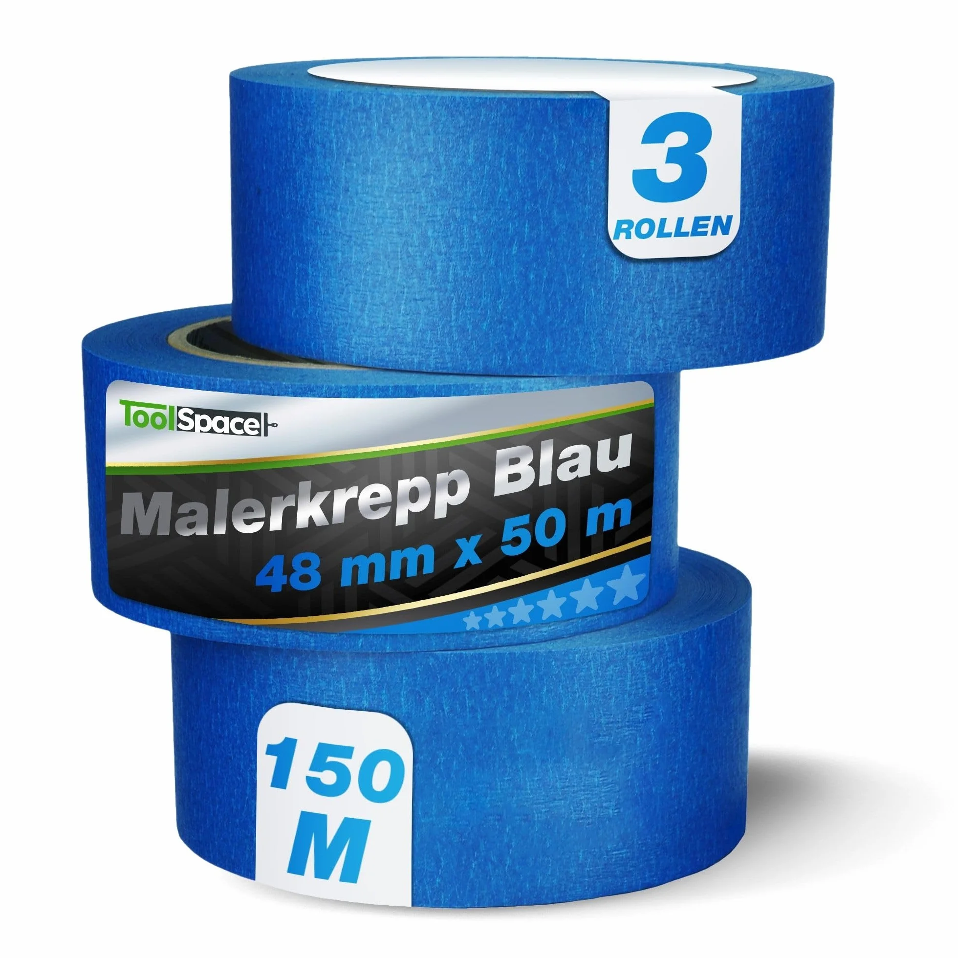 ToolSpace Taśma Papierowa Niebieska Ochronna do Malowania Ścian i Sufitów Prac Remontowych Klej Bez Rozpuszczalników Nie Podcieka 48mm/50 m Zestaw 3 Sztuk 150 m