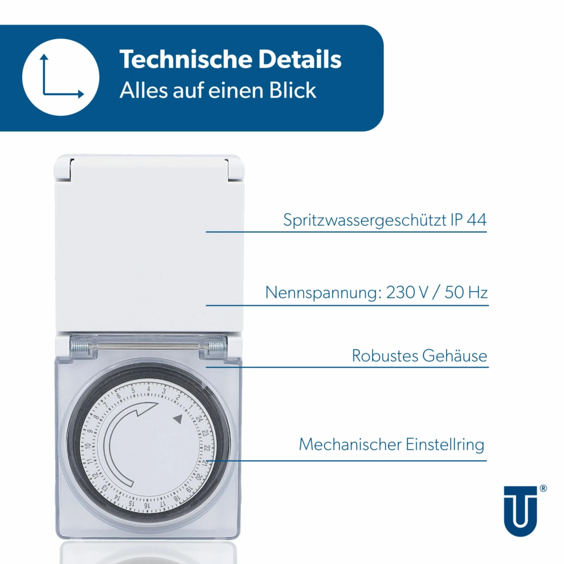 UNITEC Zegar sterujący dzienny mechaniczny IP44 analogowy biały 15 minut