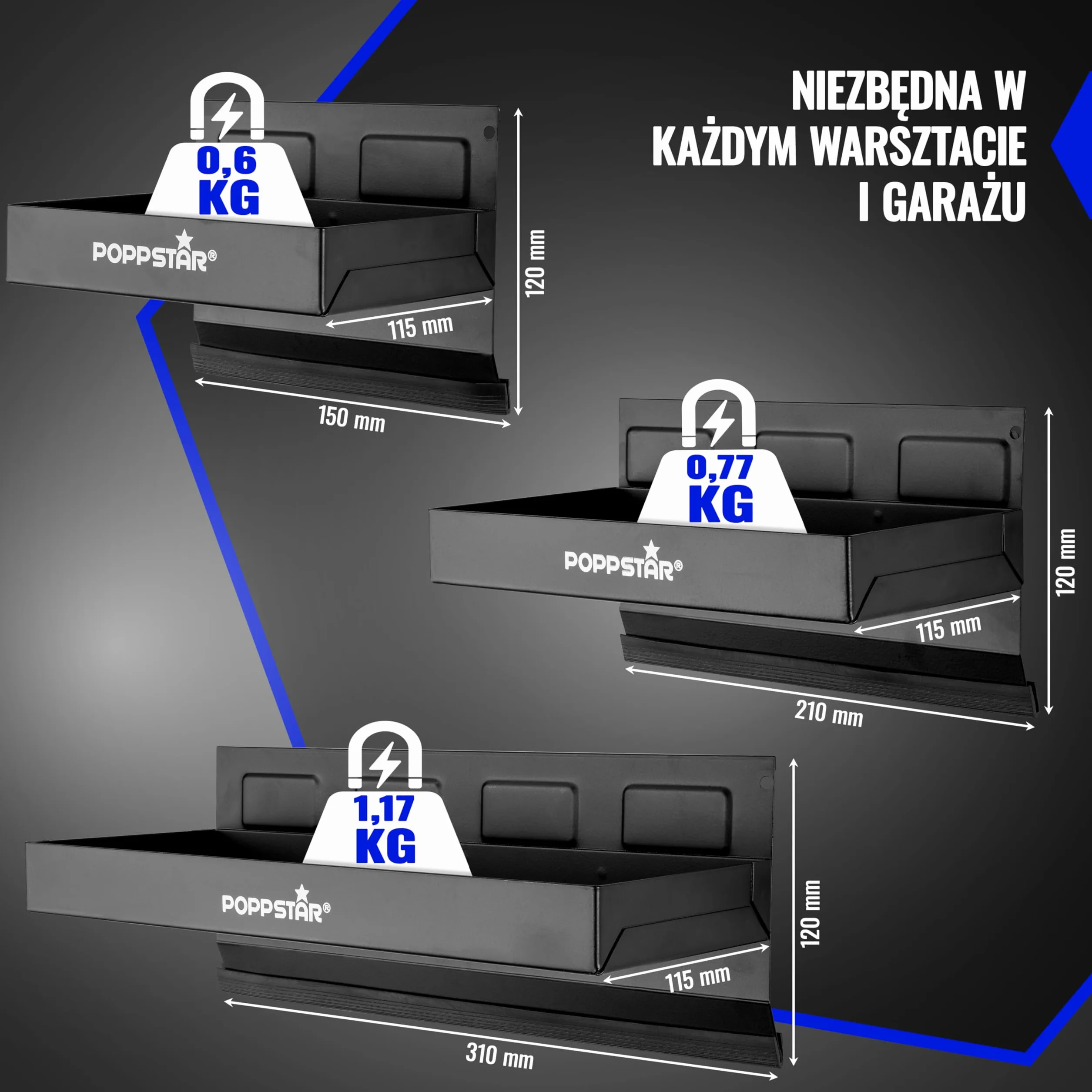 Poppstar 3 magnetyczne półki stalowe czarne 150 mm 210 mm 310 mm