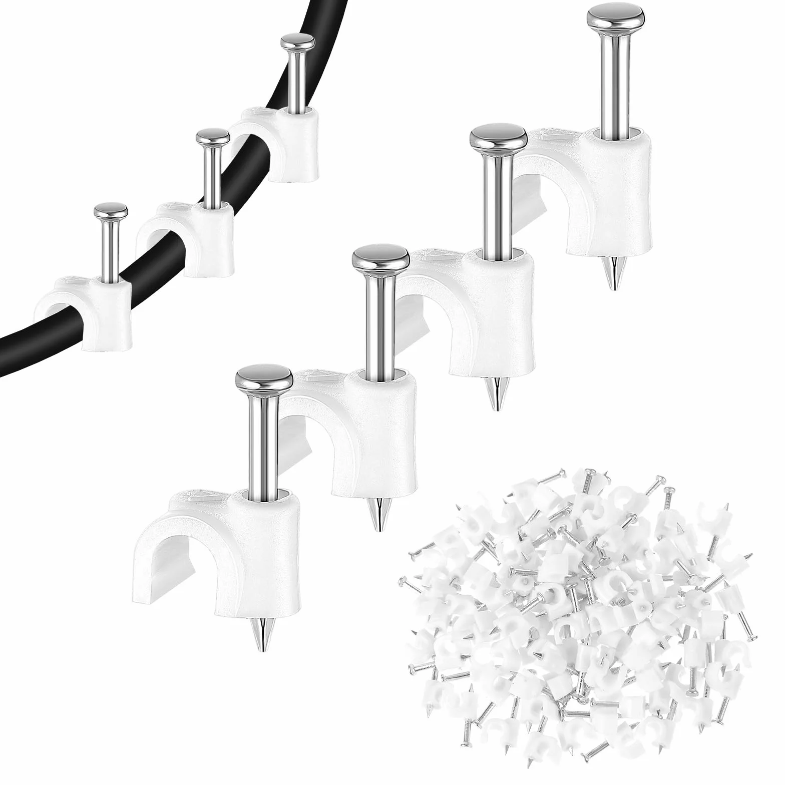 100 sztuk klipsów kablowych ze stalowymi gwoździami, 4 mm białe okrągłe klipsy do drutu, kabel koncentryczny Ethernet, klips do kabli na ścianie, organizer do zarządzania kablami